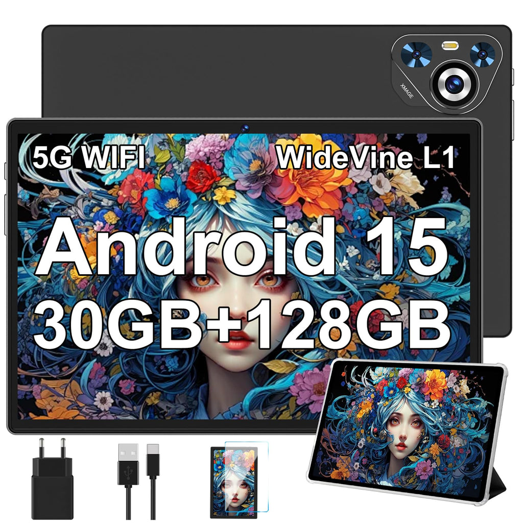 Android 15 Tablet, 30GB RAM 128GB ROM (TF 2TB Expandable), 10 Inch, 8000mAh, WIFI 5G, GPS/BT5.0/OTG, Face ID, Widevine L1, Metal Body Tablet with Keyboard, Mouse and Protective Case -Black