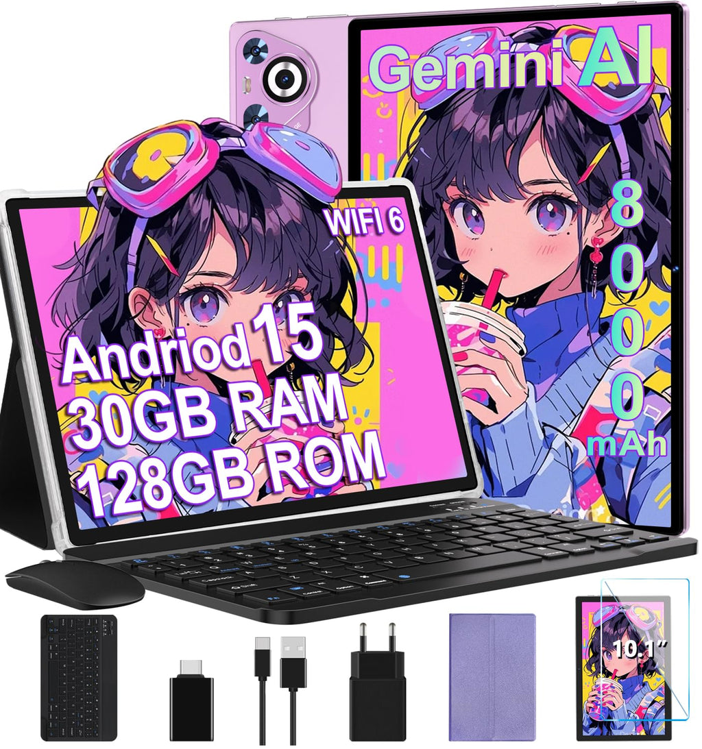 Android 15 Tablet, 30GB RAM 128GB ROM (TF 2TB Expandable), 10 Inch, 8000mAh, WIFI 5G, GPS/BT5.0/OTG, Face ID, Widevine L1, Metal Body Tablet with Keyboard, Mouse and Protective Case -Black