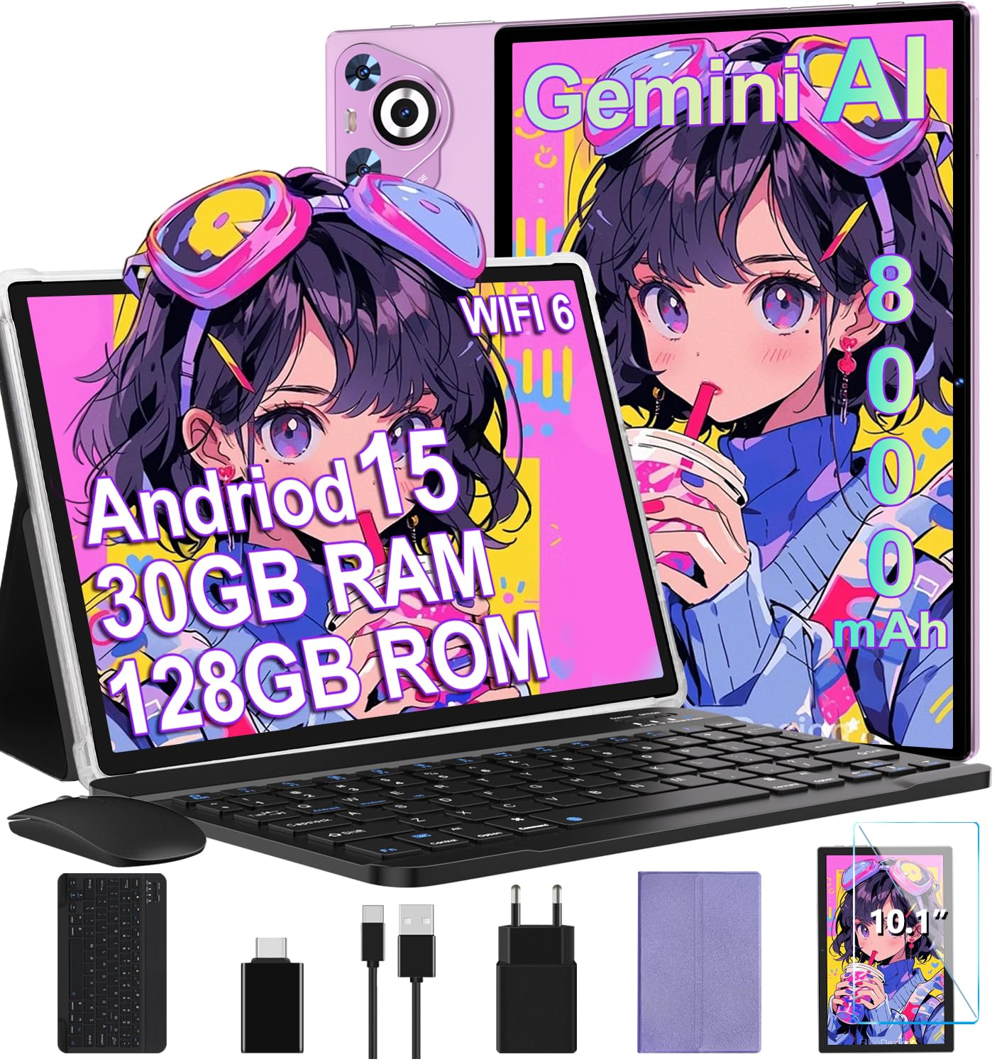 Android 15 Tablet, 30GB RAM 128GB ROM (TF 2TB Expandable), 10 Inch, 8000mAh, WIFI 5G, GPS/BT5.0/OTG, Face ID, Widevine L1, Metal Body Tablet with Keyboard, Mouse and Protective Case -Black