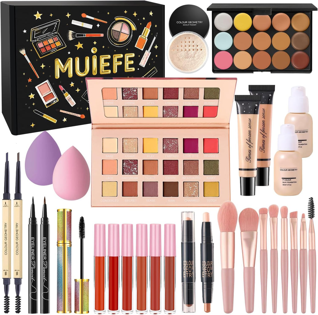 Women's Makeup Kit, Gift Set for Teenagers Girl, Professional Makeup Case Kit Complete with Eye Shadow Palette, Liquid Makeup Foundation, Mascara, Lip Gloss