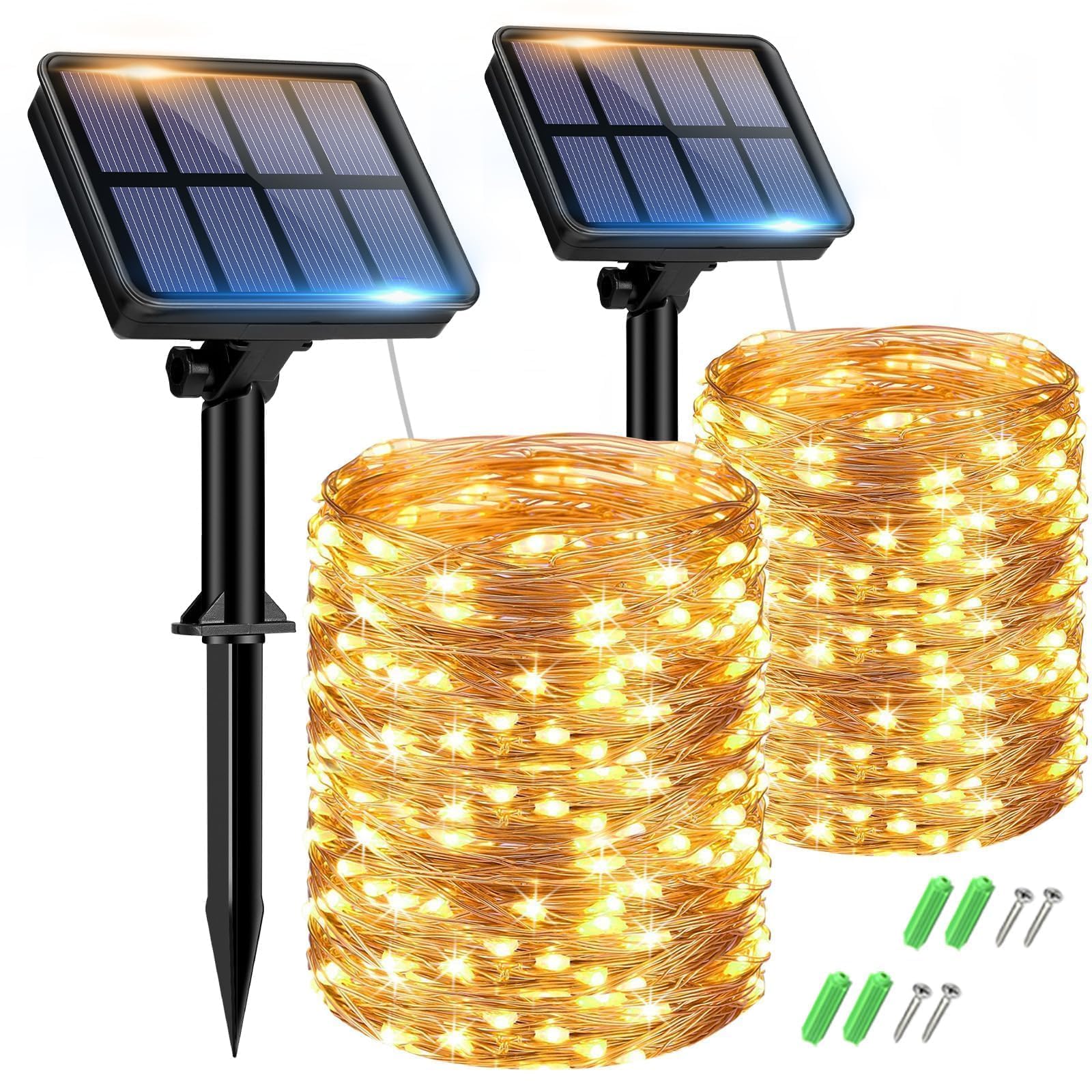 btfarm 2 Pack of Outdoor Solar String Lights, Fully 30M 300 LED, 8 Modes String Lights Decoration for Terrace, Parties, Weddings, Patio, Gardens (Warm White)