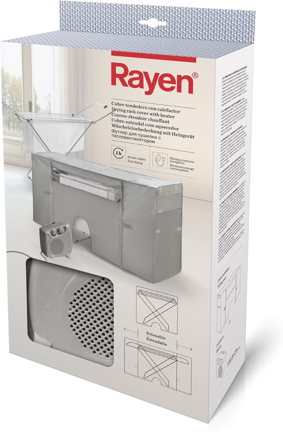 Rayen | Drying Rack Cover with Heater | Quick Drying | Minimum Consumption | Extendable | Plug | Grey | Measurements: 105-180 x 56 x 106 cm, 1 Unit
