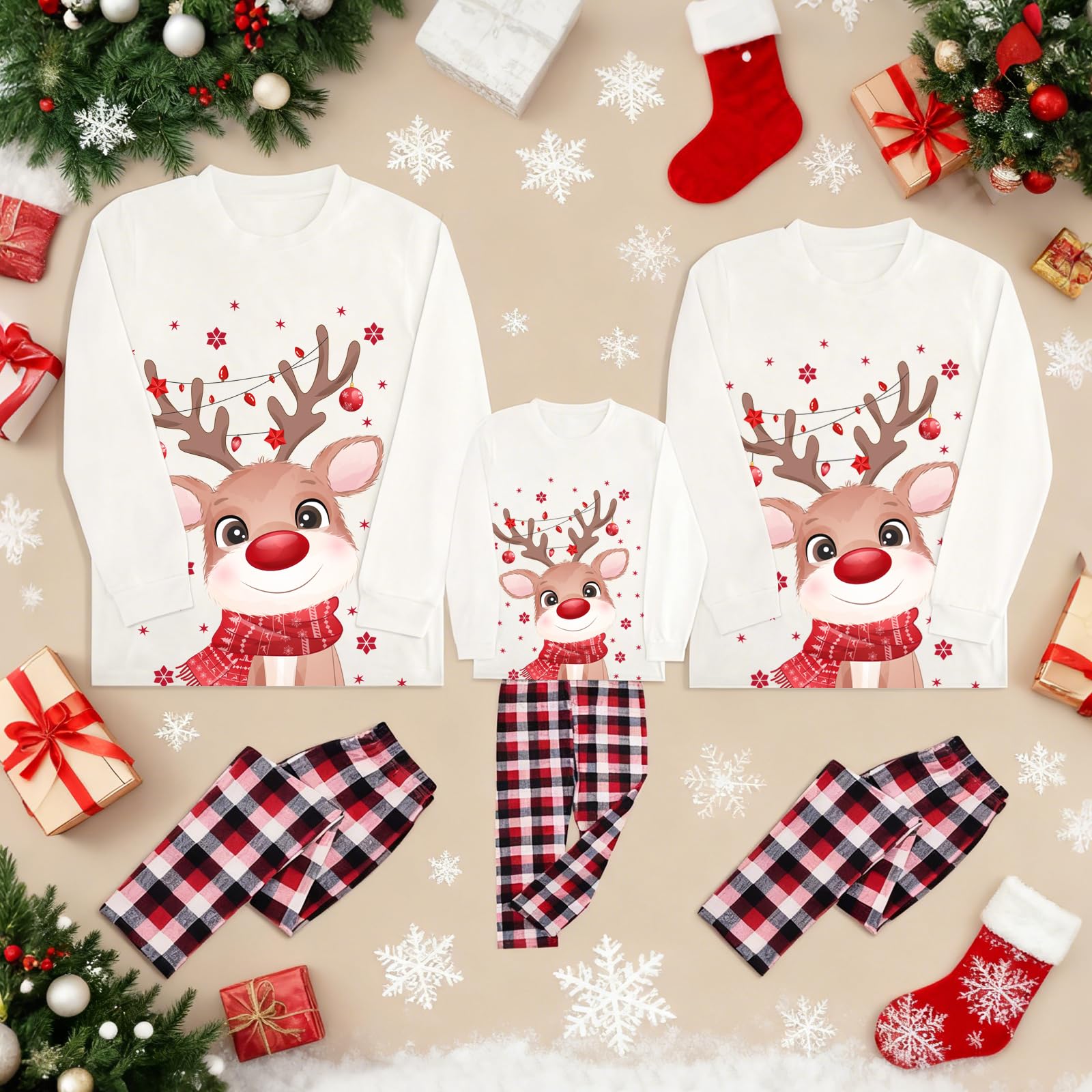 Christmas Family Pajamas, Christmas Family Pajamas Set, Long Sleepwear, Sleeping Sleeves, Cute Elk Print, Suitable for Women, Men, Kids and Baby, Red
