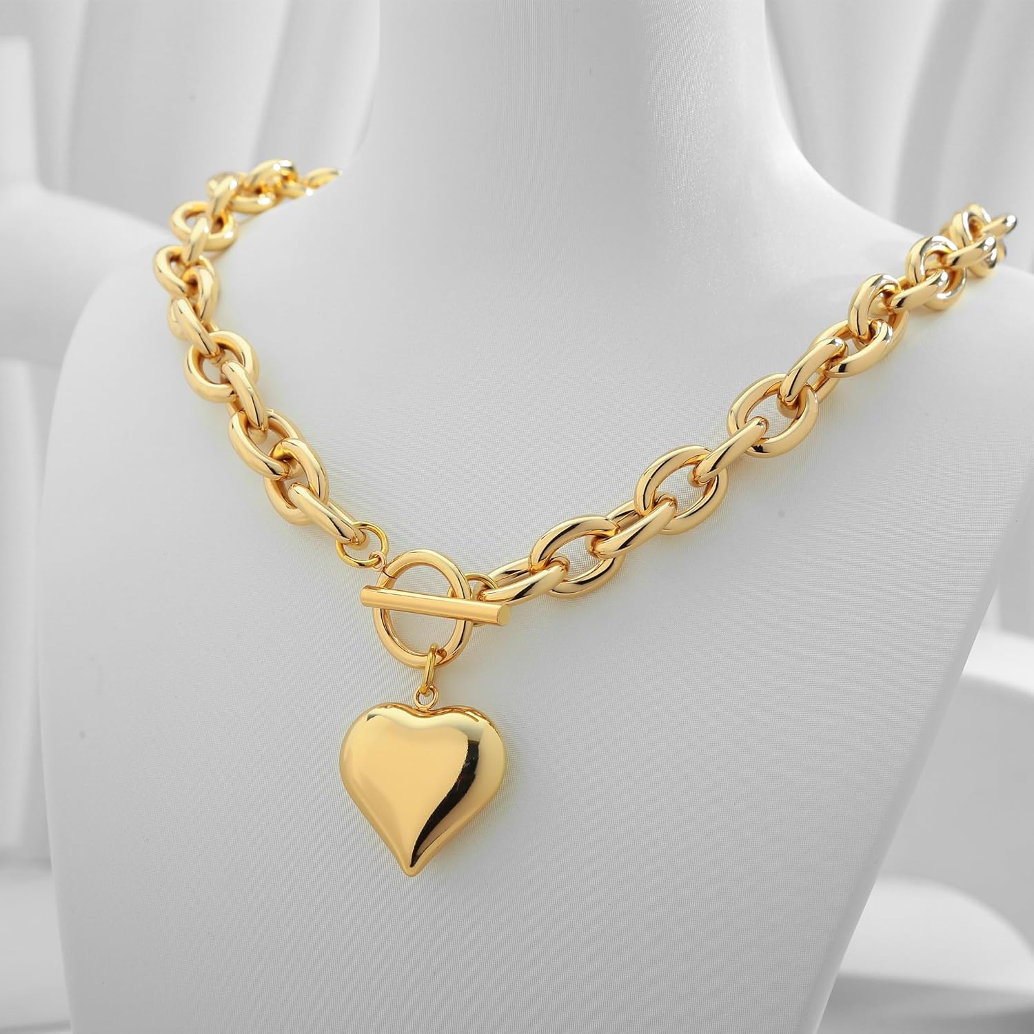 WOWORAMA gold chunky chain necklace for women puffy heart pendant necklace white gold thick chain necklace thick chain necklace heart coin choker, zinc, no