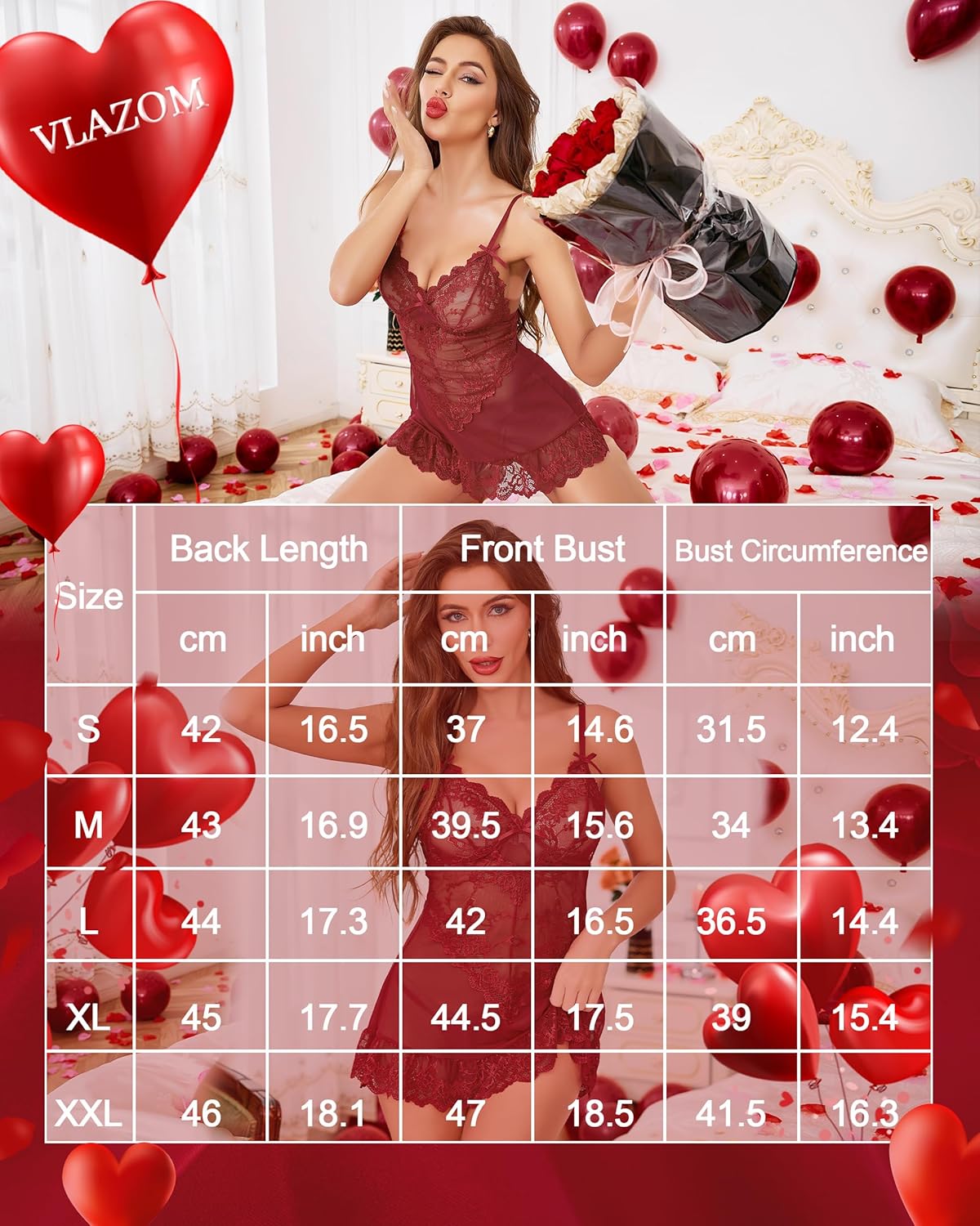 Vlazom Women's Lingerie Sexy Lace Babydoll V Neck Chemise Nightgown with G-String