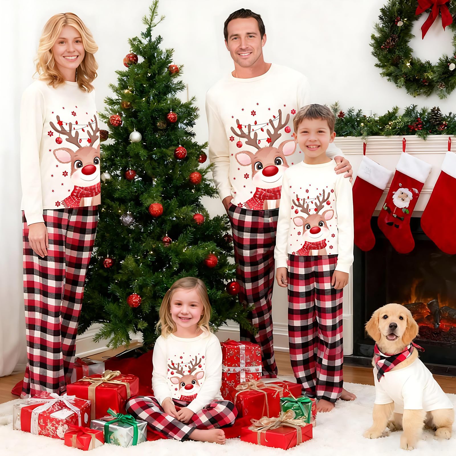 Christmas Family Pajamas, Christmas Family Pajamas Set, Long Sleepwear, Sleeping Sleeves, Cute Elk Print, Suitable for Women, Men, Kids and Baby, Red
