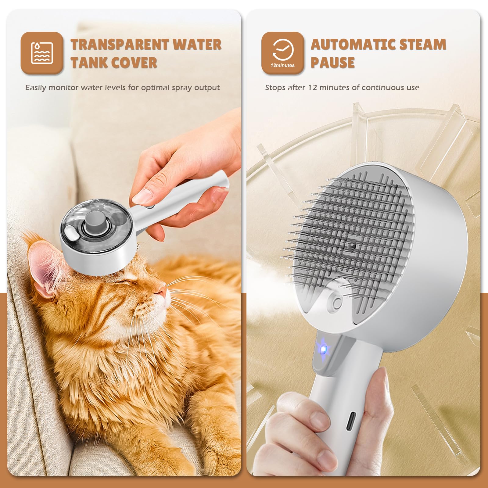 4 in 1 Steam Brush for Cats and Dogs - Self Cleaning with Water Reservoir - Pet Grooming and Massage