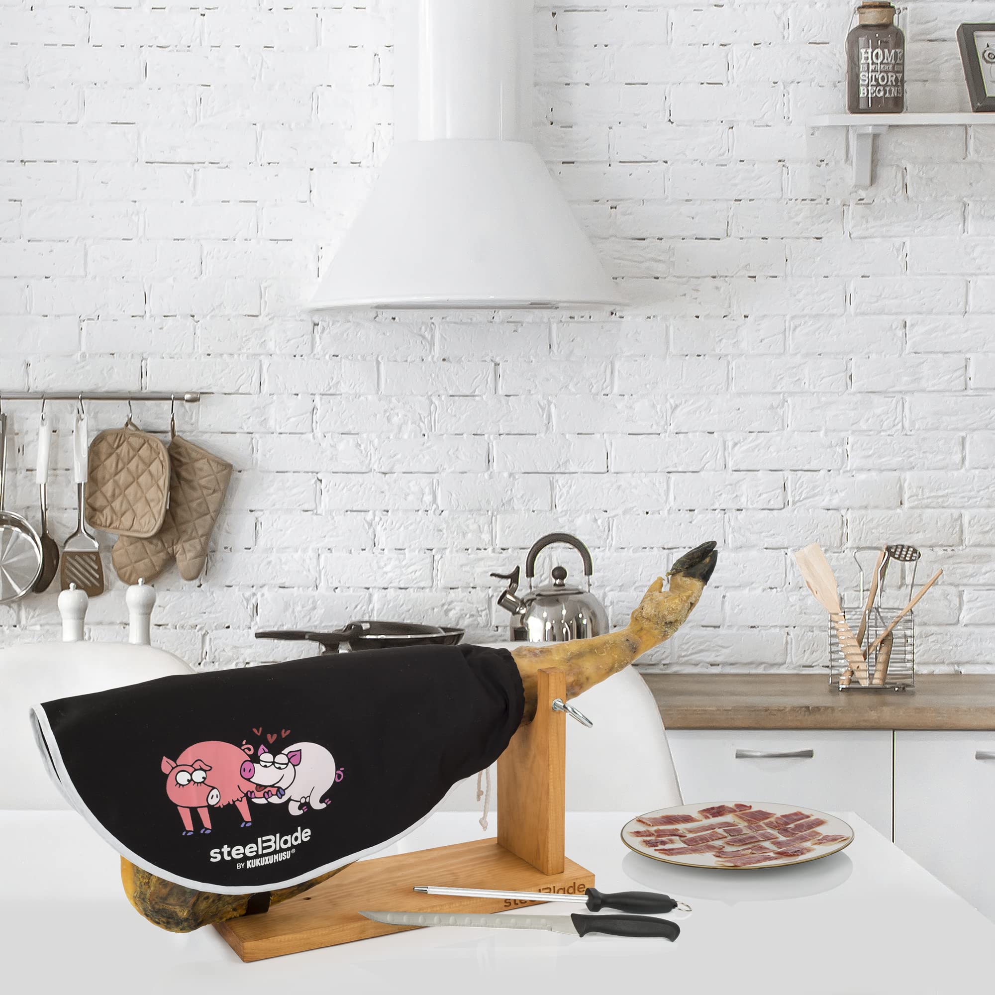Ham Holder + Kukuxumusu Ham Cover + Ham Knife and Chaira – Ham Holder Made in Spain