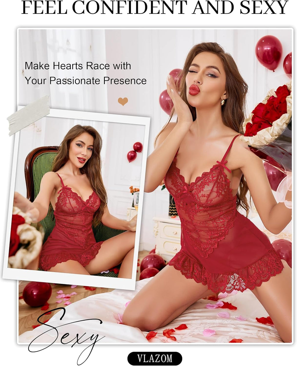 Vlazom Women's Lingerie Sexy Lace Babydoll V Neck Chemise Nightgown with G-String