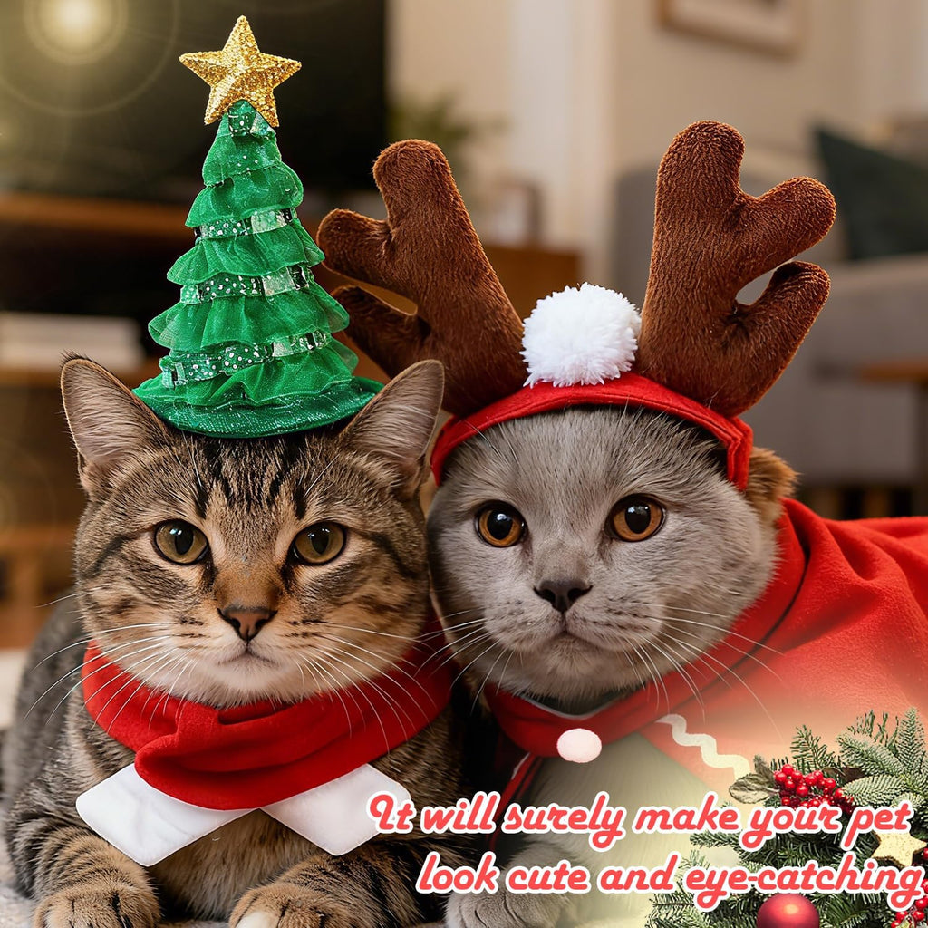Christmas Costume for Pets, 4 Pieces Christmas Accessories Pet Clothes, Christmas Costumes for Cats Dogs with Hat, Reindeer Antlers Headband, Scarf, Mantle, for Dogs Cats