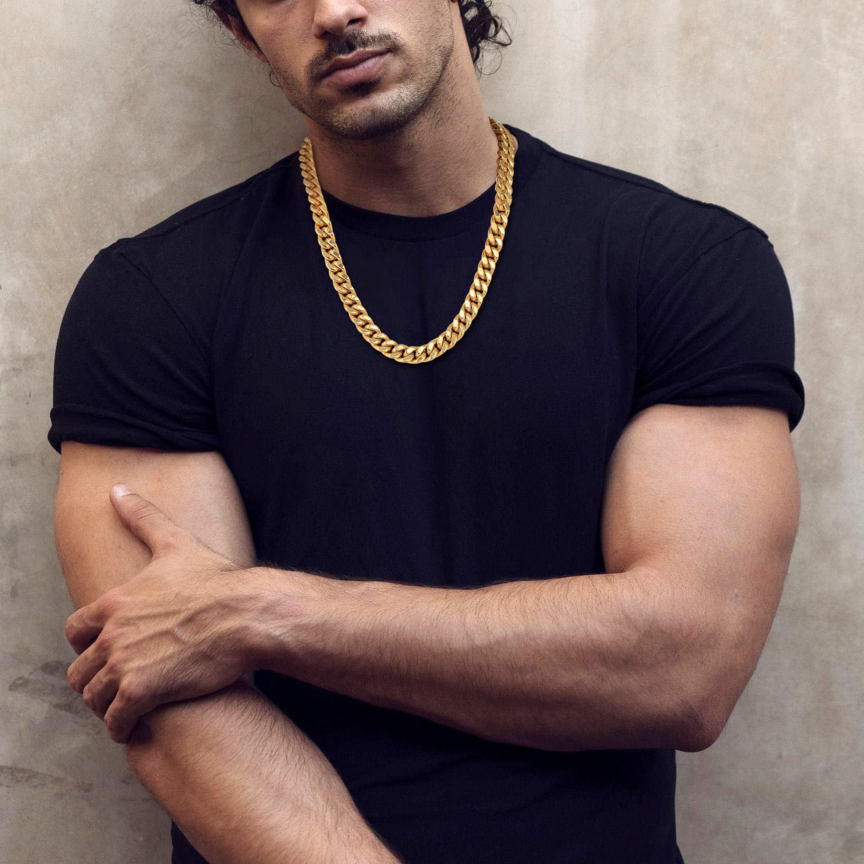 Bestyle Cuban Chain Necklace 5 mm/7 mm/9 mm/12 mm Width Necklace Cuban Miami Chain Length 45-76 cm Necklace Stainless Steel Cuban Chain Silver/Gold/Black Hip Hop Rock Punk Chain