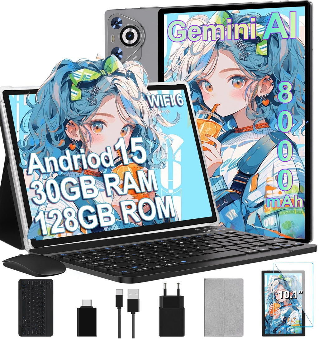 Android 15 Tablet, 30GB RAM 128GB ROM (TF 2TB Expandable), 10 Inch, 8000mAh, WIFI 5G, GPS/BT5.0/OTG, Face ID, Widevine L1, Metal Body Tablet with Keyboard, Mouse and Protective Case -Black