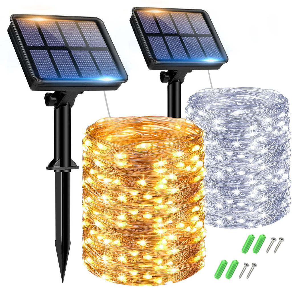 btfarm 2 Pack of Outdoor Solar String Lights, Fully 30M 300 LED, 8 Modes String Lights Decoration for Terrace, Parties, Weddings, Patio, Gardens (Warm White)