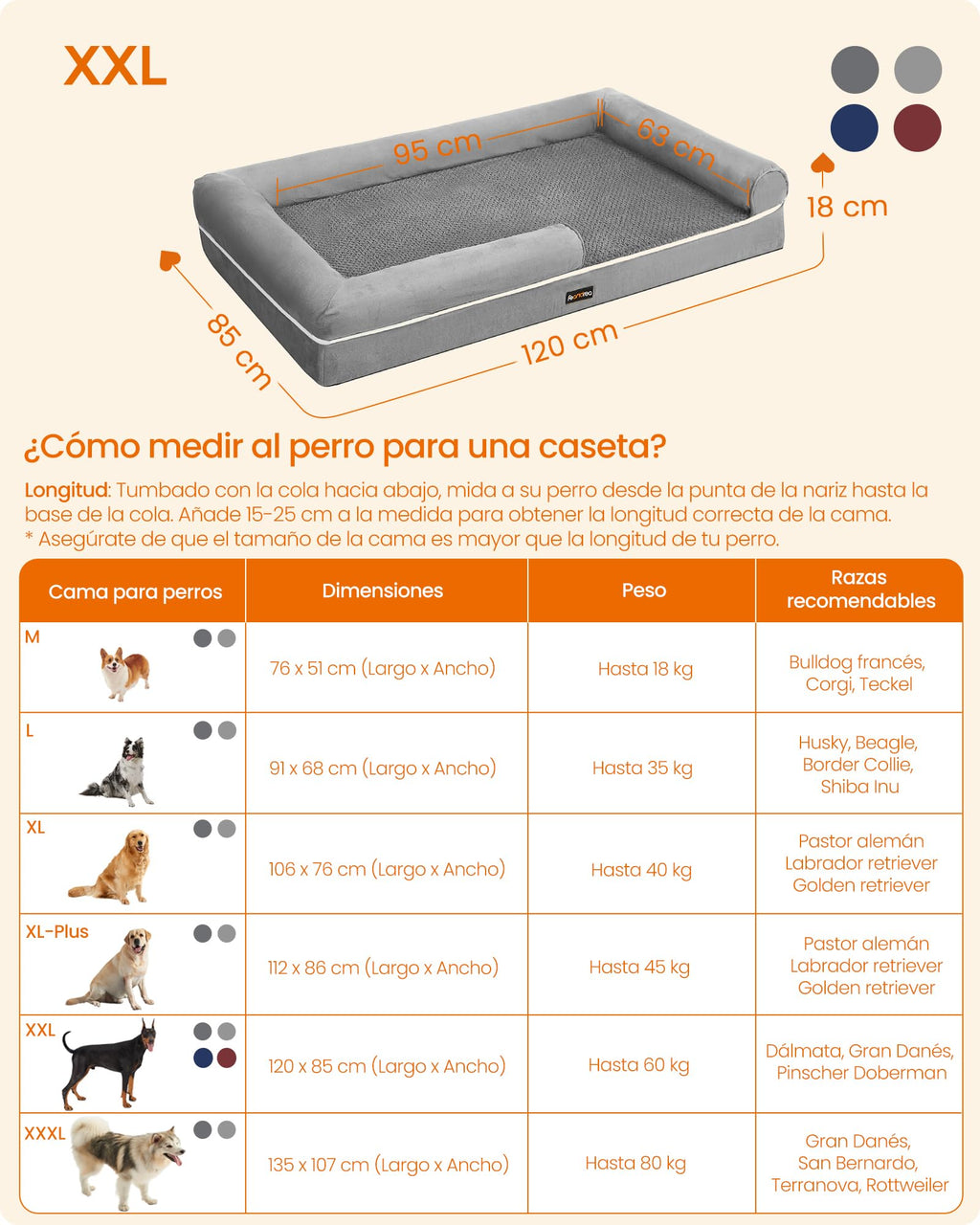 Feandrea Orthopedic Dog Bed, Sofa, Pet Bed, Soft Padding, Raised Edges, Removable and Washable Cover, 122 x 85 x 20 cm, Non-Slip, Osucro Grey PGW078G01
