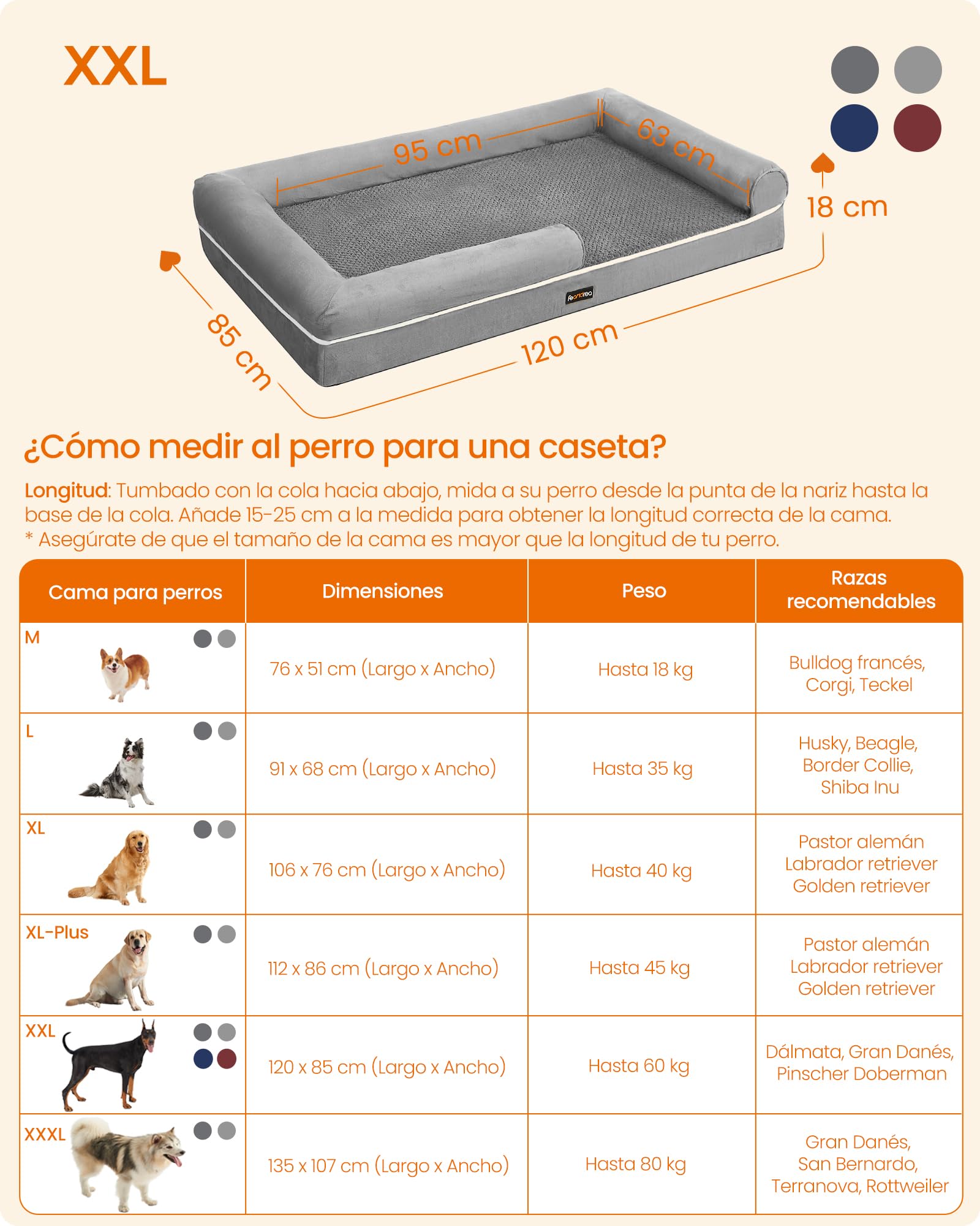 Feandrea Orthopedic Dog Bed, Sofa, Pet Bed, Soft Padding, Raised Edges, Removable and Washable Cover, 122 x 85 x 20 cm, Non-Slip, Osucro Grey PGW078G01