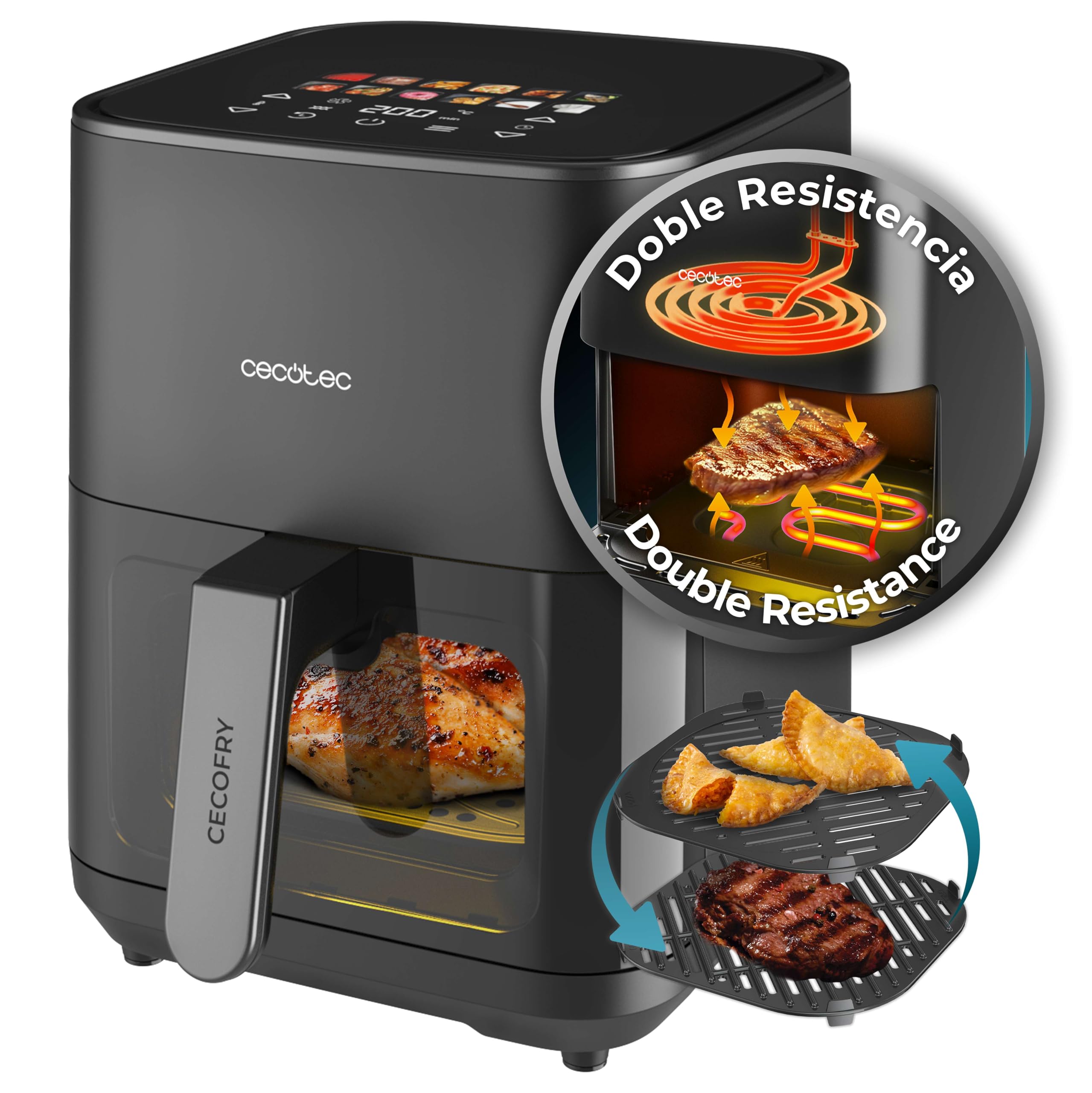 Cecotec Air Fryer 8L with Double Grill, Air Fryer, Cecofry&Grill Duoheat 8000. 2200W, Perfect Golden and Grill Flavor in Meat, Temperature between 80-200°C, 8 Menus and Window
