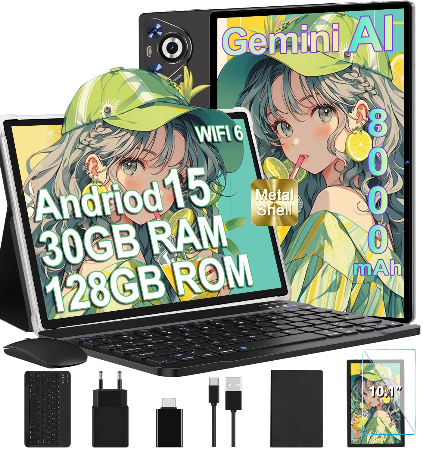 Android 15 Tablet, 30GB RAM 128GB ROM (TF 2TB Expandable), 10 Inch, 8000mAh, WIFI 5G, GPS/BT5.0/OTG, Face ID, Widevine L1, Metal Body Tablet with Keyboard, Mouse and Protective Case -Black