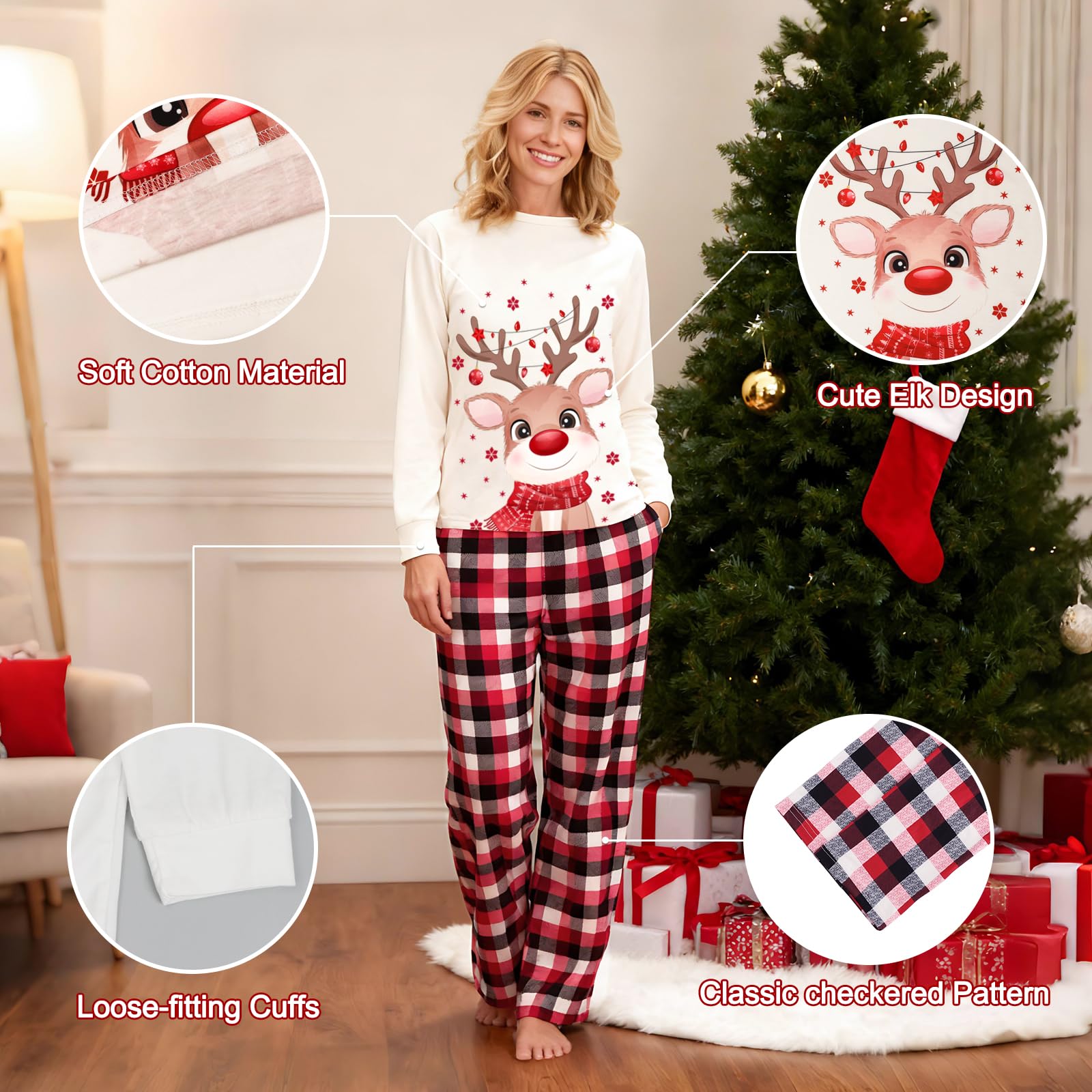 Christmas Family Pajamas, Christmas Family Pajamas Set, Long Sleepwear, Sleeping Sleeves, Cute Elk Print, Suitable for Women, Men, Kids and Baby, Red