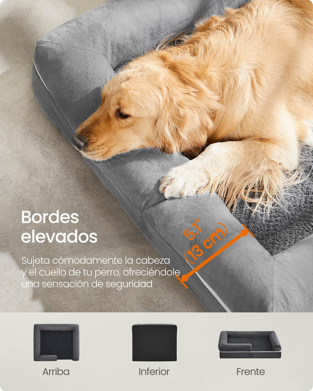 Feandrea Orthopedic Dog Bed, Sofa, Pet Bed, Soft Padding, Raised Edges, Removable and Washable Cover, 122 x 85 x 20 cm, Non-Slip, Osucro Grey PGW078G01