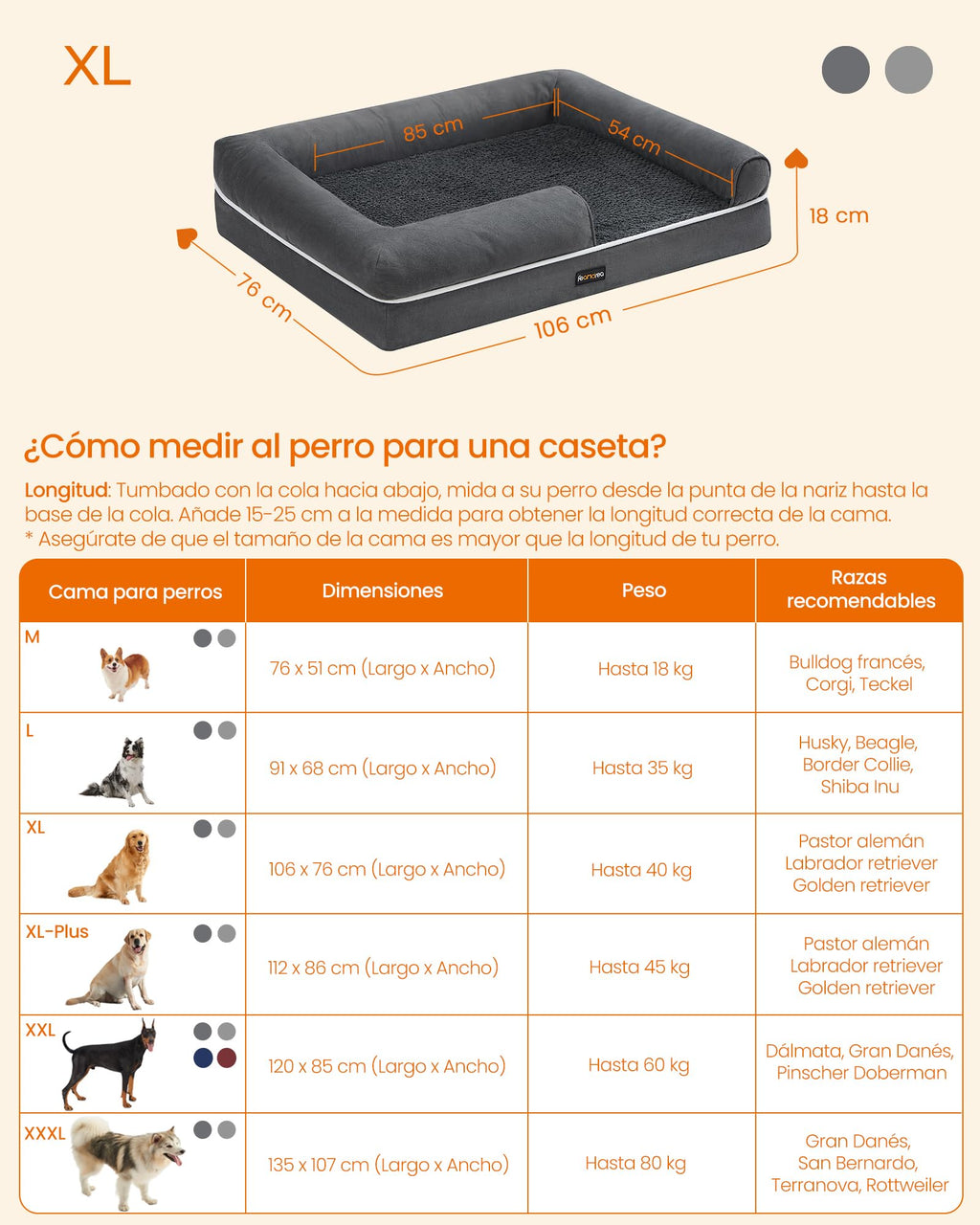 Feandrea Orthopedic Dog Bed, Sofa, Pet Bed, Soft Padding, Raised Edges, Removable and Washable Cover, 122 x 85 x 20 cm, Non-Slip, Osucro Grey PGW078G01