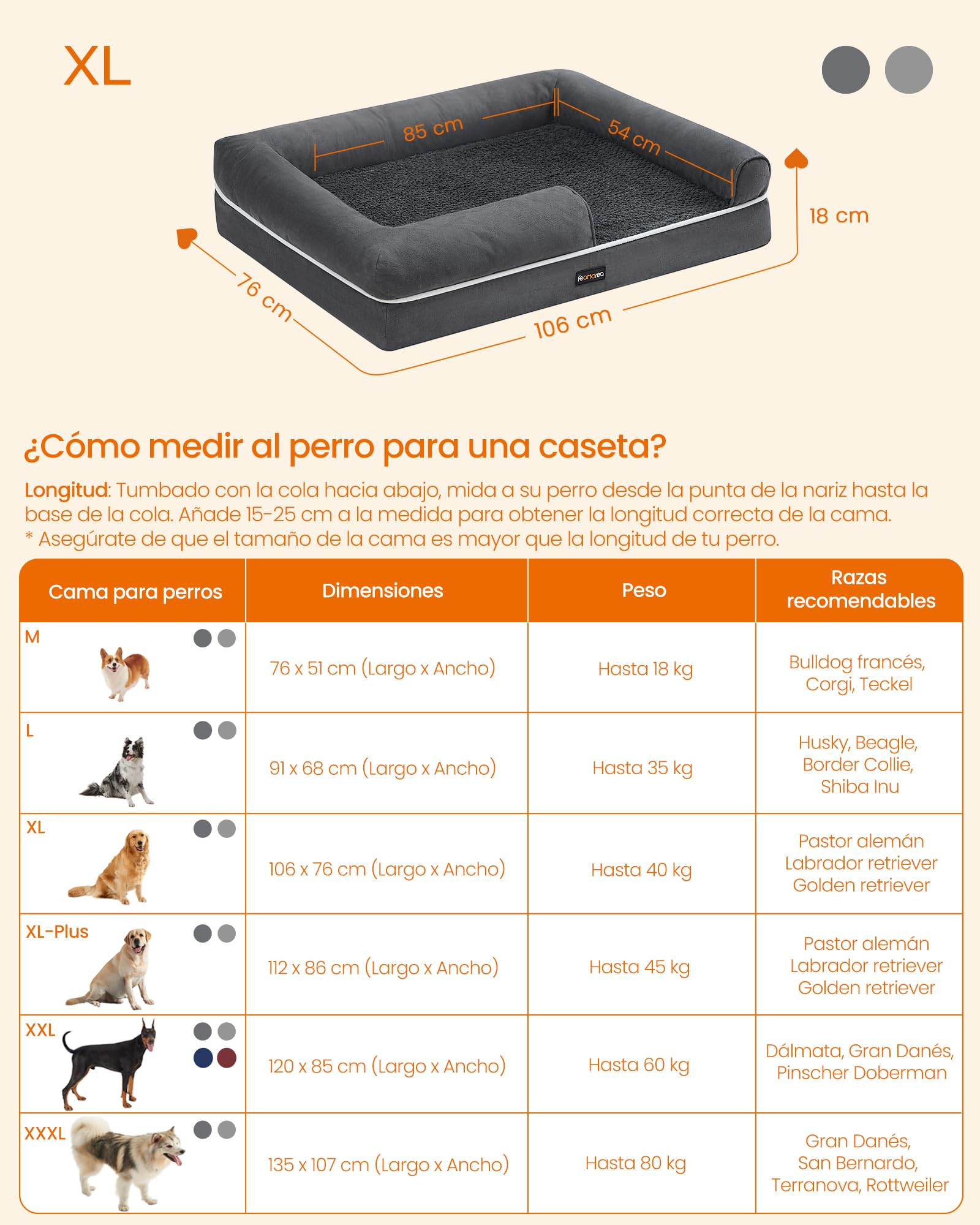 Feandrea Orthopedic Dog Bed, Sofa, Pet Bed, Soft Padding, Raised Edges, Removable and Washable Cover, 122 x 85 x 20 cm, Non-Slip, Osucro Grey PGW078G01