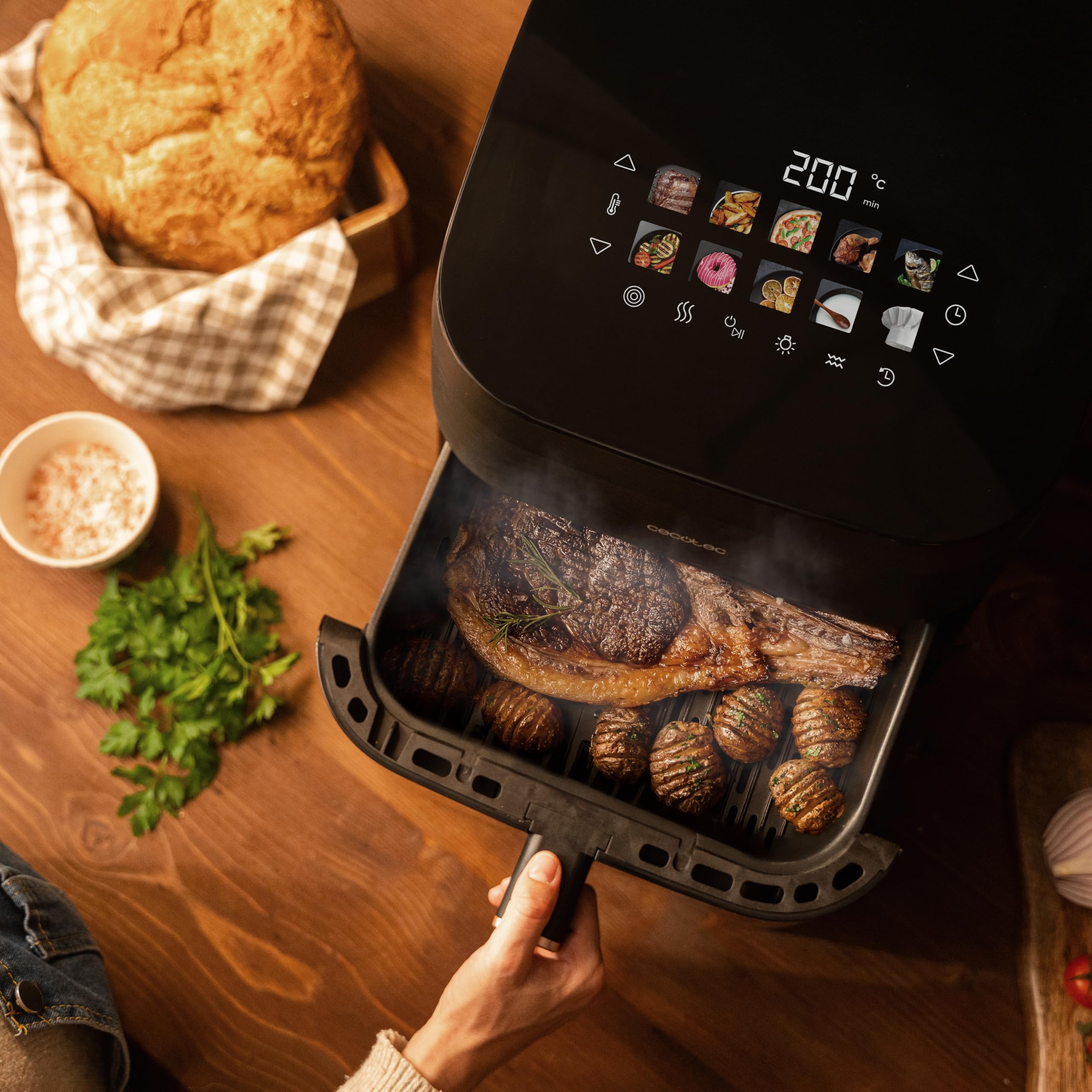 Cecotec Air Fryer 8L with Double Grill, Air Fryer, Cecofry&Grill Duoheat 8000. 2200W, Perfect Golden and Grill Flavor in Meat, Temperature between 80-200°C, 8 Menus and Window