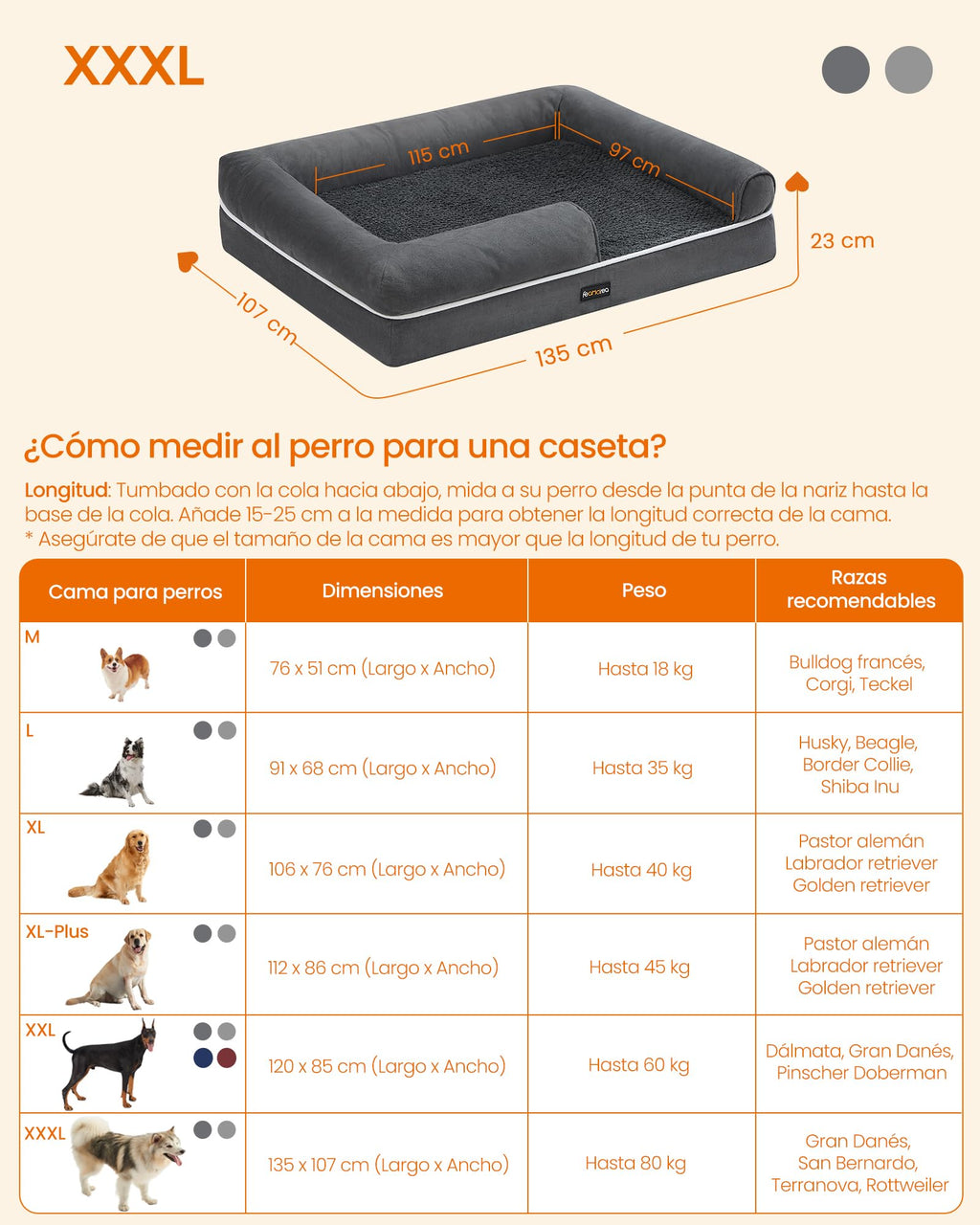 Feandrea Orthopedic Dog Bed, Sofa, Pet Bed, Soft Padding, Raised Edges, Removable and Washable Cover, 122 x 85 x 20 cm, Non-Slip, Osucro Grey PGW078G01