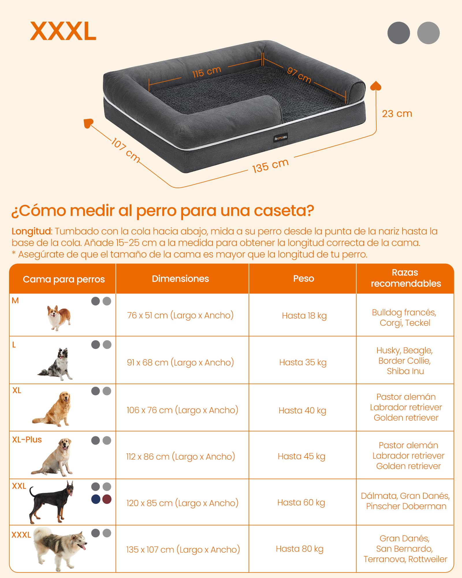 Feandrea Orthopedic Dog Bed, Sofa, Pet Bed, Soft Padding, Raised Edges, Removable and Washable Cover, 122 x 85 x 20 cm, Non-Slip, Osucro Grey PGW078G01