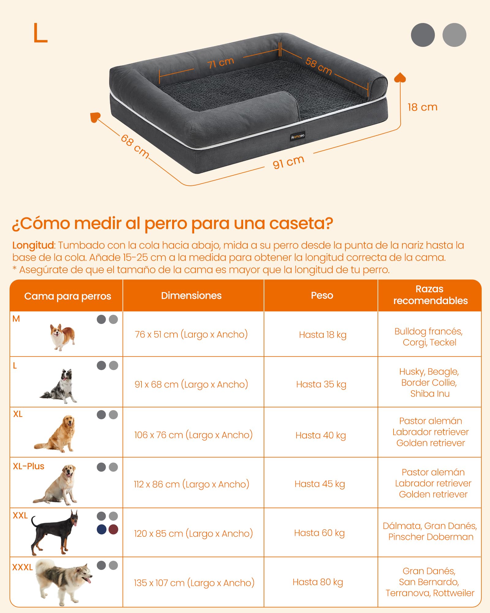 Feandrea Orthopedic Dog Bed, Sofa, Pet Bed, Soft Padding, Raised Edges, Removable and Washable Cover, 122 x 85 x 20 cm, Non-Slip, Osucro Grey PGW078G01