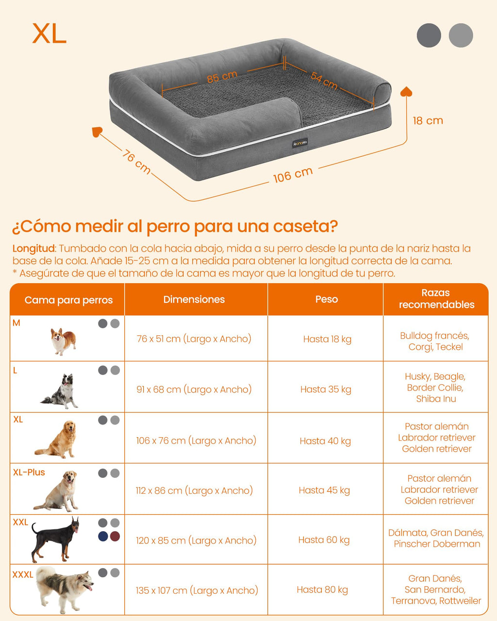 Feandrea Orthopedic Dog Bed, Sofa, Pet Bed, Soft Padding, Raised Edges, Removable and Washable Cover, 122 x 85 x 20 cm, Non-Slip, Osucro Grey PGW078G01