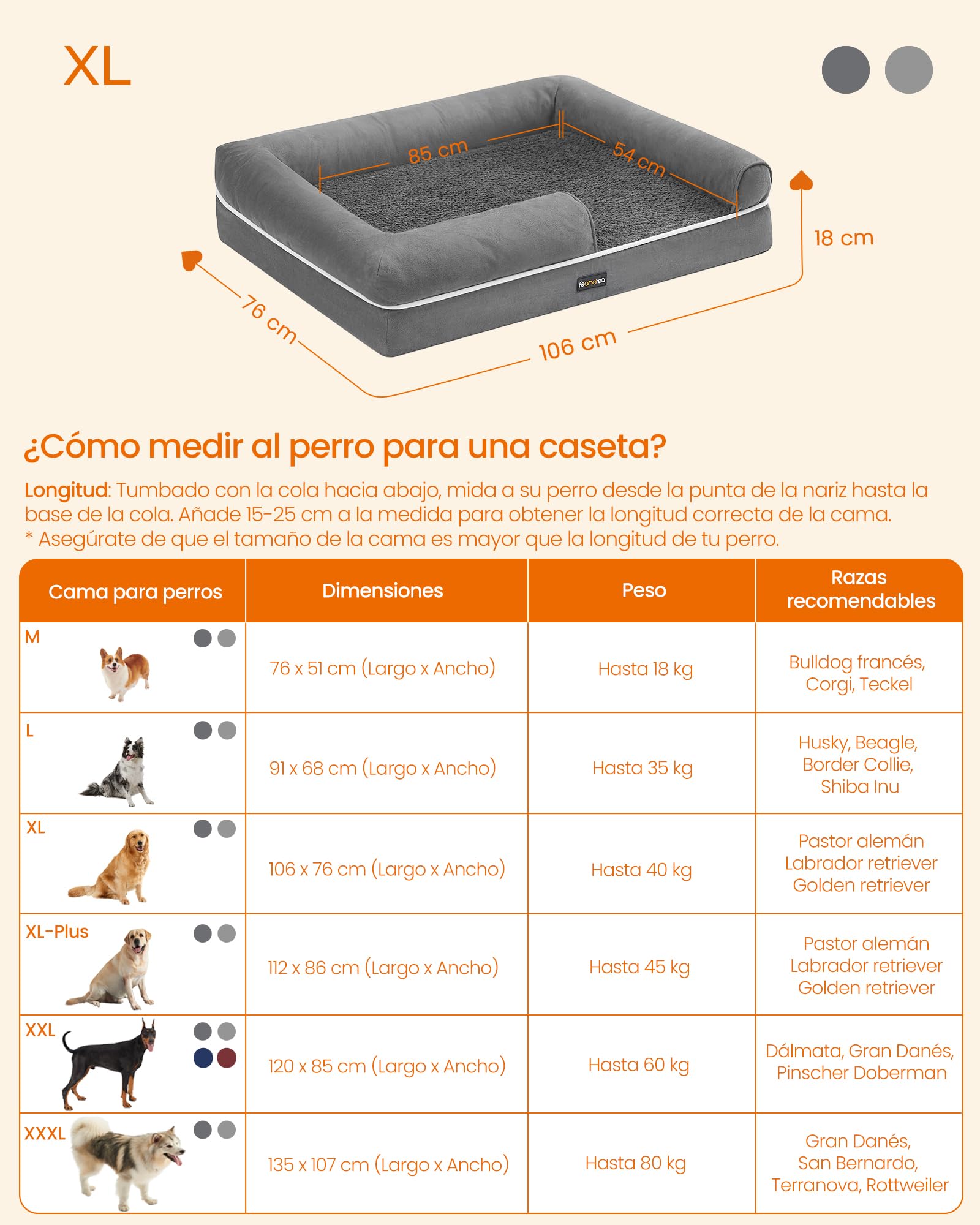 Feandrea Orthopedic Dog Bed, Sofa, Pet Bed, Soft Padding, Raised Edges, Removable and Washable Cover, 122 x 85 x 20 cm, Non-Slip, Osucro Grey PGW078G01