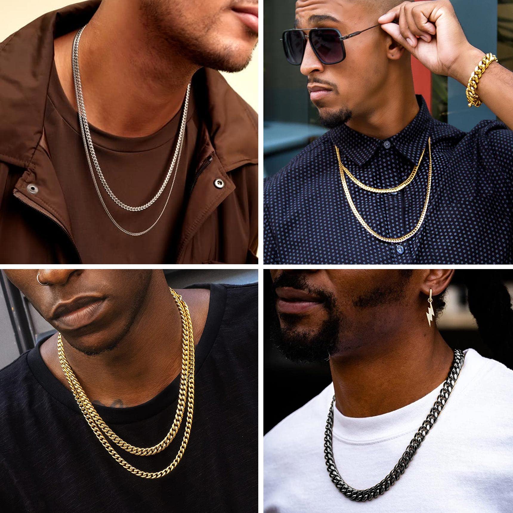 Bestyle Cuban Chain Necklace 5 mm/7 mm/9 mm/12 mm Width Necklace Cuban Miami Chain Length 45-76 cm Necklace Stainless Steel Cuban Chain Silver/Gold/Black Hip Hop Rock Punk Chain