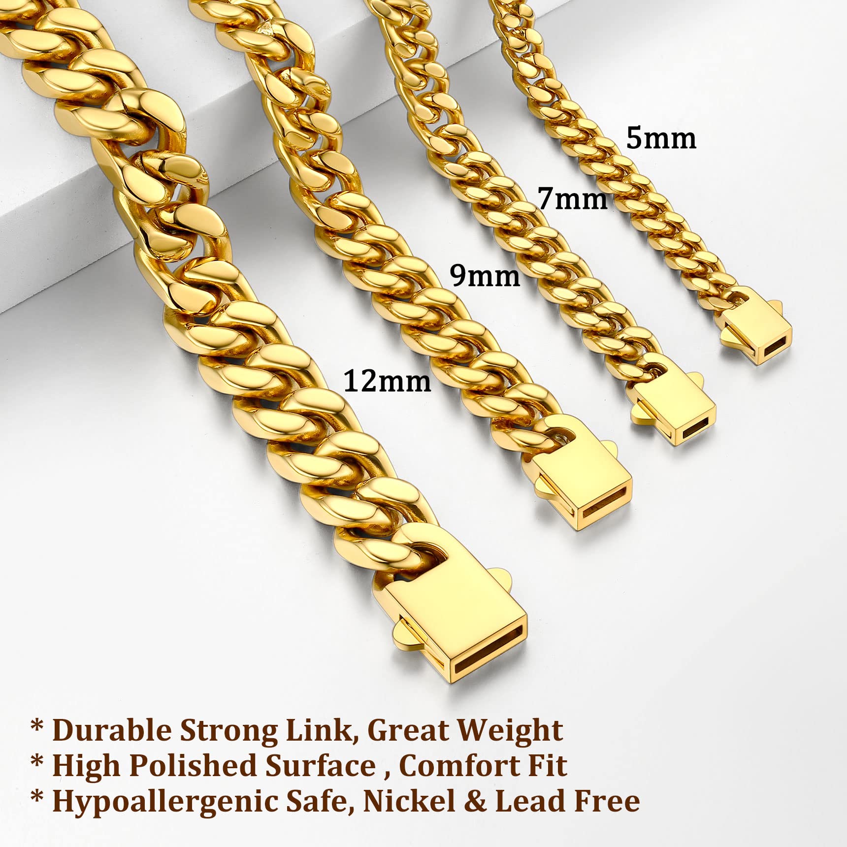 Bestyle Cuban Chain Necklace 5 mm/7 mm/9 mm/12 mm Width Necklace Cuban Miami Chain Length 45-76 cm Necklace Stainless Steel Cuban Chain Silver/Gold/Black Hip Hop Rock Punk Chain