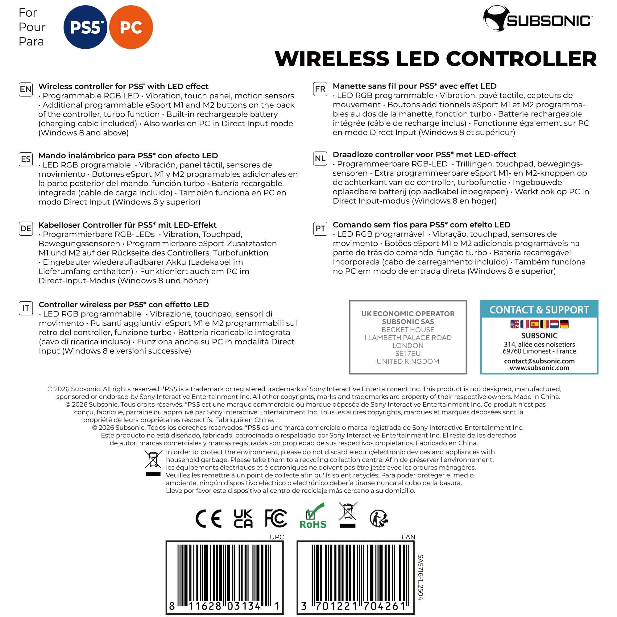 Subsonic - Mando inalámbrico para PS5 con paletas y LED programables, vibración y función táctil - Mando PS5 blanco