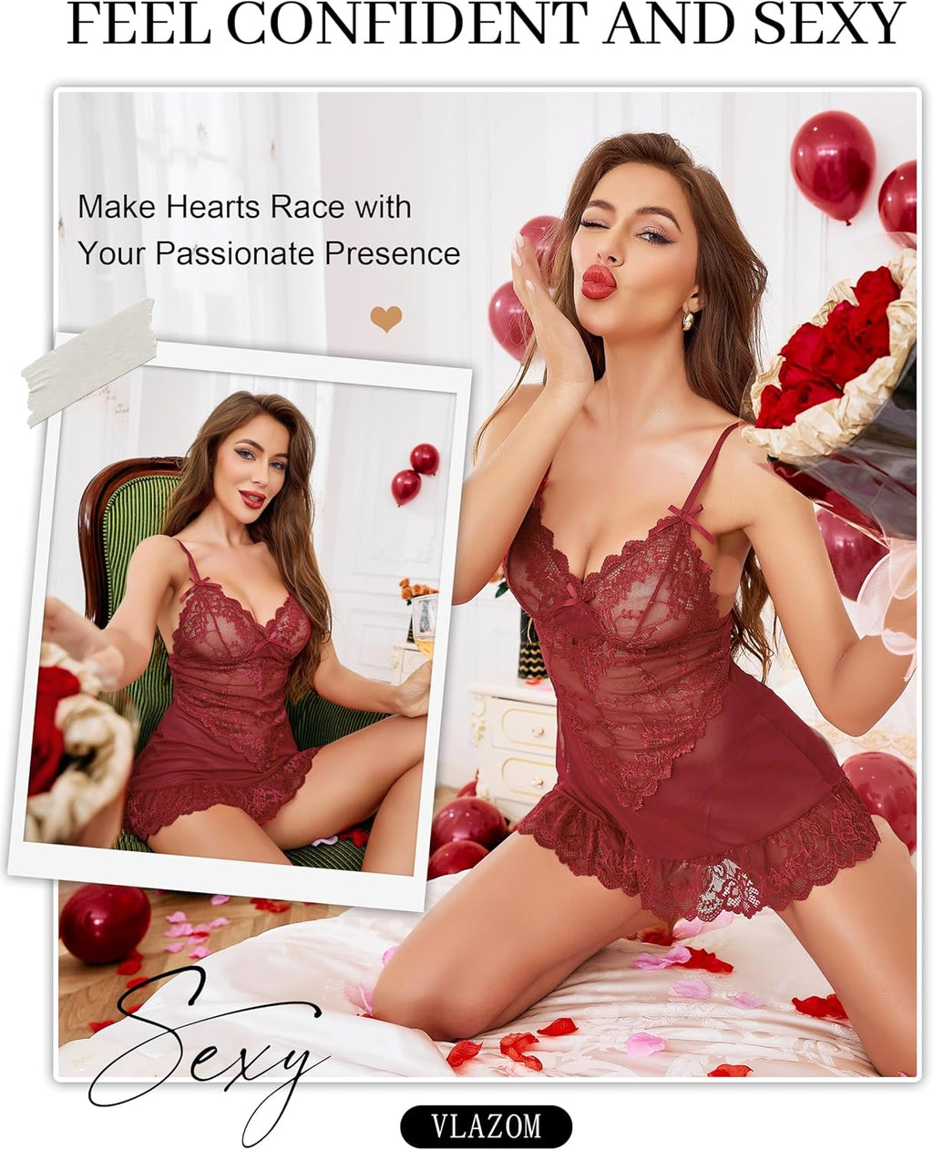 Vlazom Women's Lingerie Sexy Lace Babydoll V Neck Chemise Nightgown with G-String