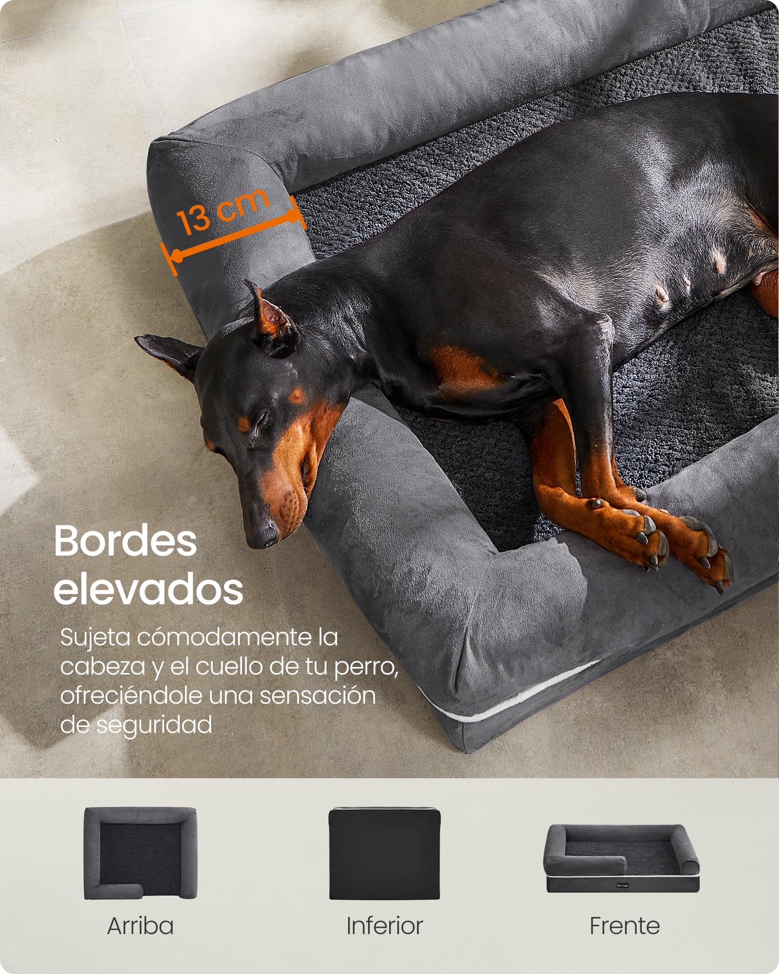 Feandrea Orthopedic Dog Bed, Sofa, Pet Bed, Soft Padding, Raised Edges, Removable and Washable Cover, 122 x 85 x 20 cm, Non-Slip, Osucro Grey PGW078G01