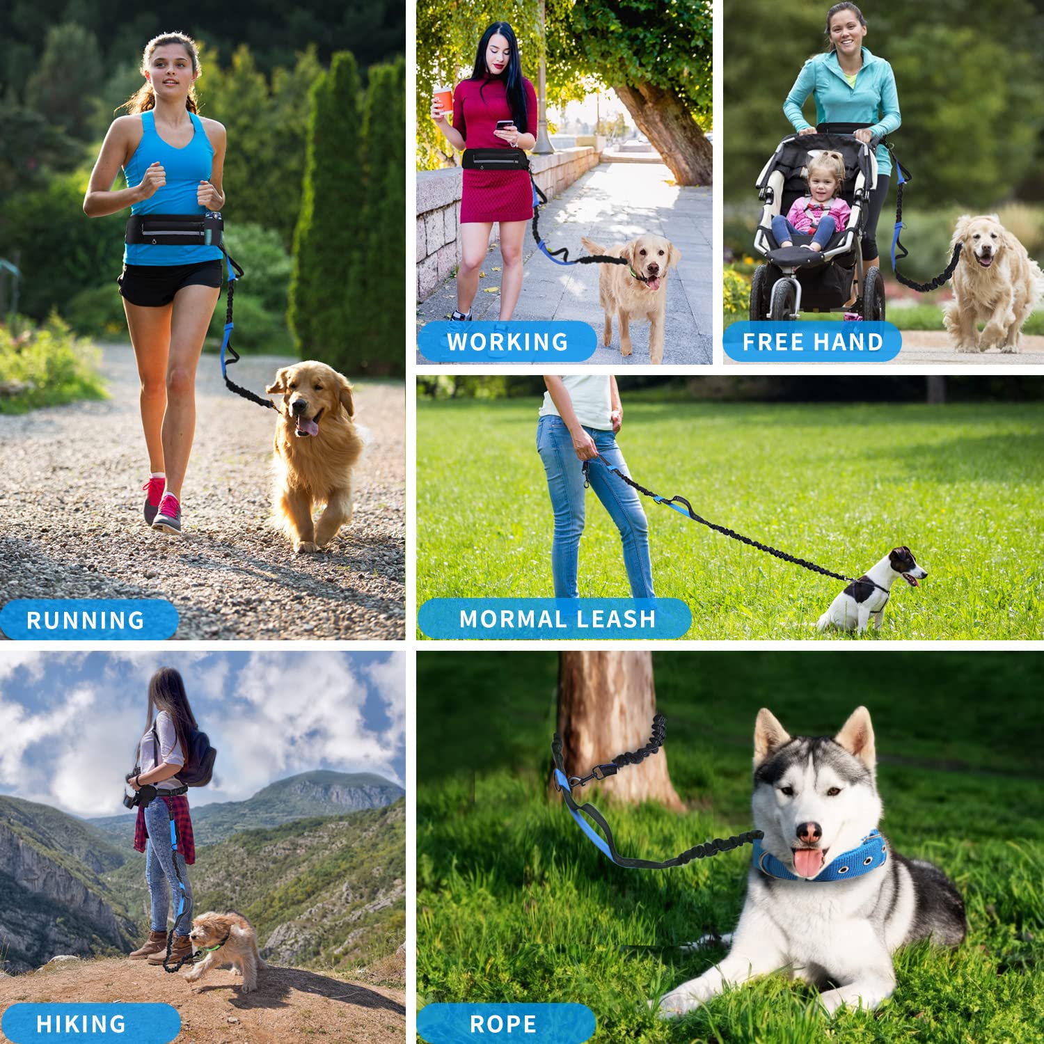 Nobleza Elastic Hands-Free Dog Leash with Pocket, Retractable Dog Leash with Double Elastic Rope, Adjustable Belt, Reflective Band