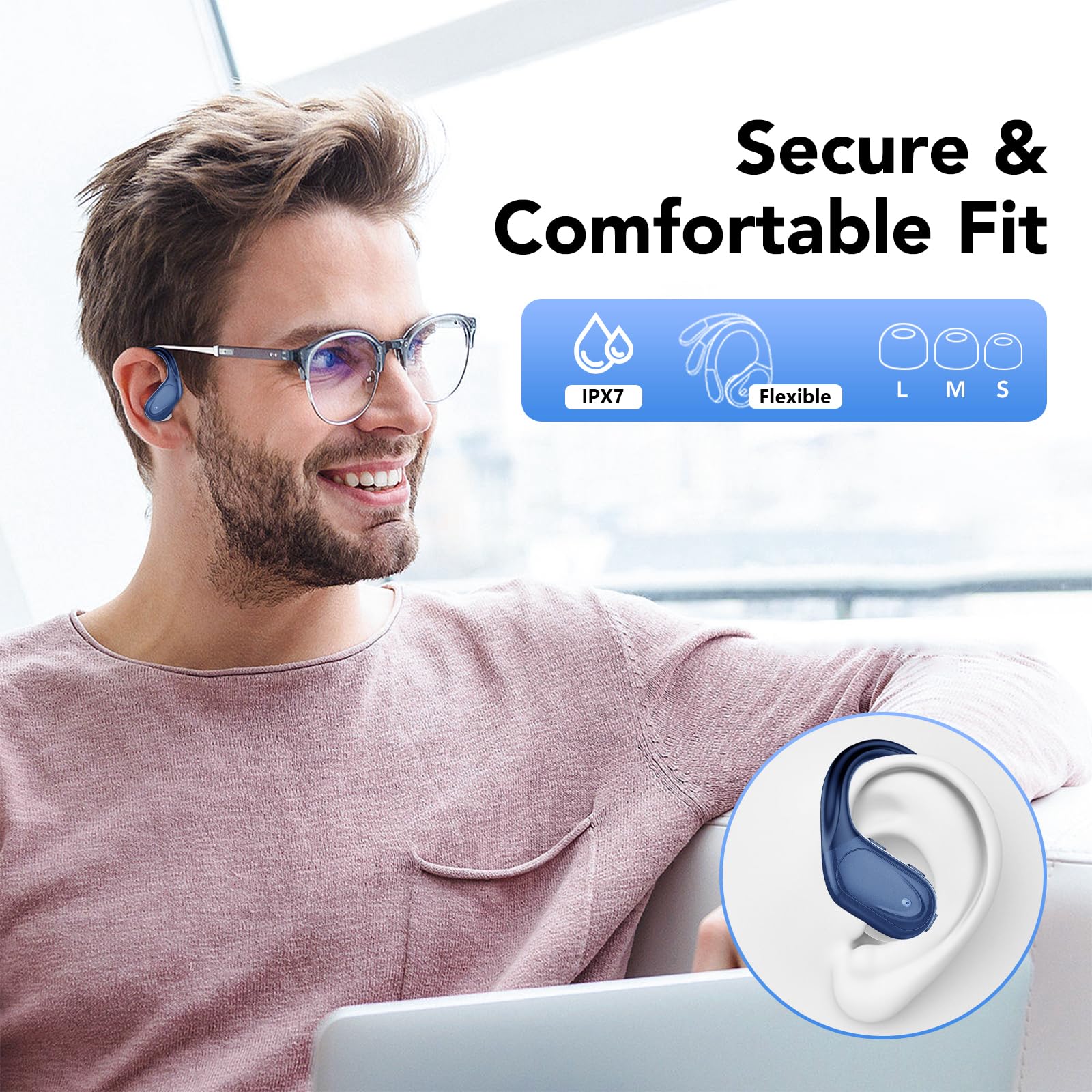 Wireless Headphones, Bluetooth 5.3 Sports Headphones with Ear Hooks, 60H Playback, LED Display, ENC HD Call, Deep Low, Comfortable Fit, IPX7 Waterproof (Black)