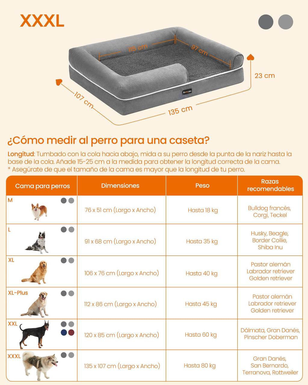 Feandrea Orthopedic Dog Bed, Sofa, Pet Bed, Soft Padding, Raised Edges, Removable and Washable Cover, 122 x 85 x 20 cm, Non-Slip, Osucro Grey PGW078G01