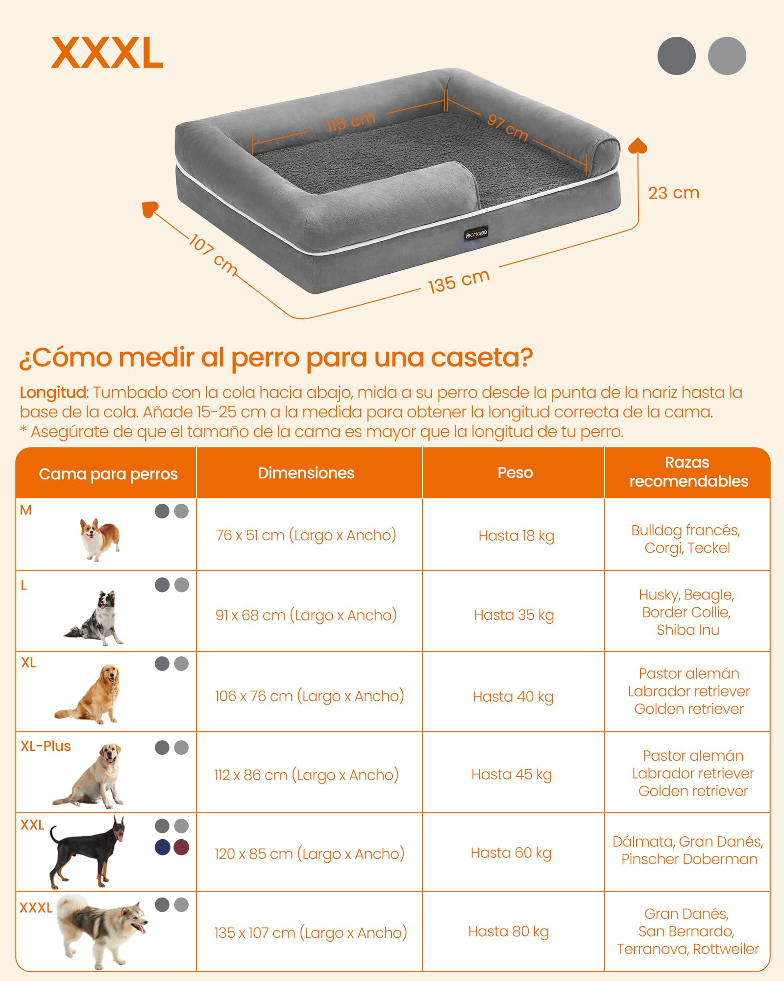 Feandrea Orthopedic Dog Bed, Sofa, Pet Bed, Soft Padding, Raised Edges, Removable and Washable Cover, 122 x 85 x 20 cm, Non-Slip, Osucro Grey PGW078G01