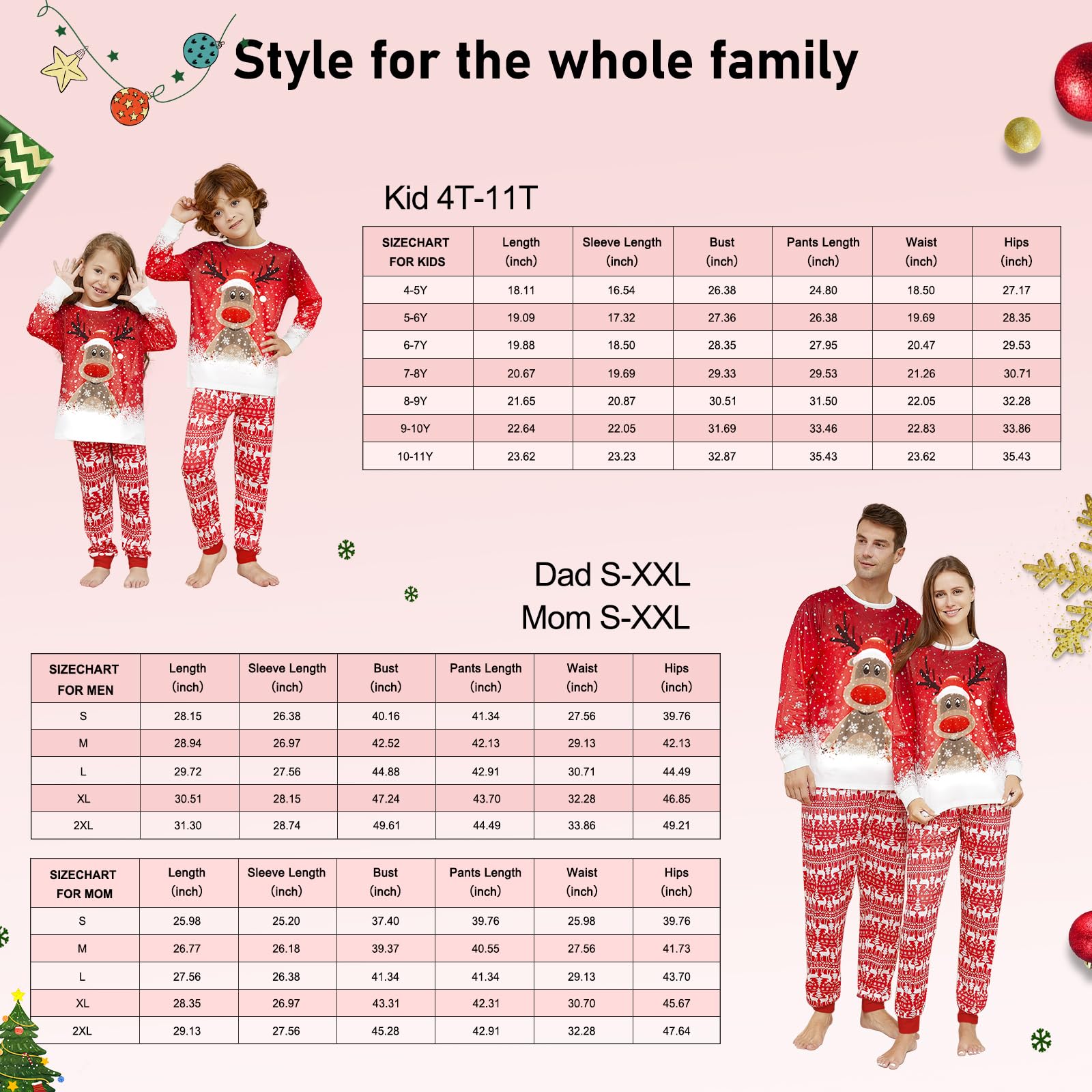 Christmas Family Pajamas, Christmas Family Pajamas Set, Long Sleepwear, Sleeping Sleeves, Cute Elk Print, Suitable for Women, Men, Kids and Baby, Red