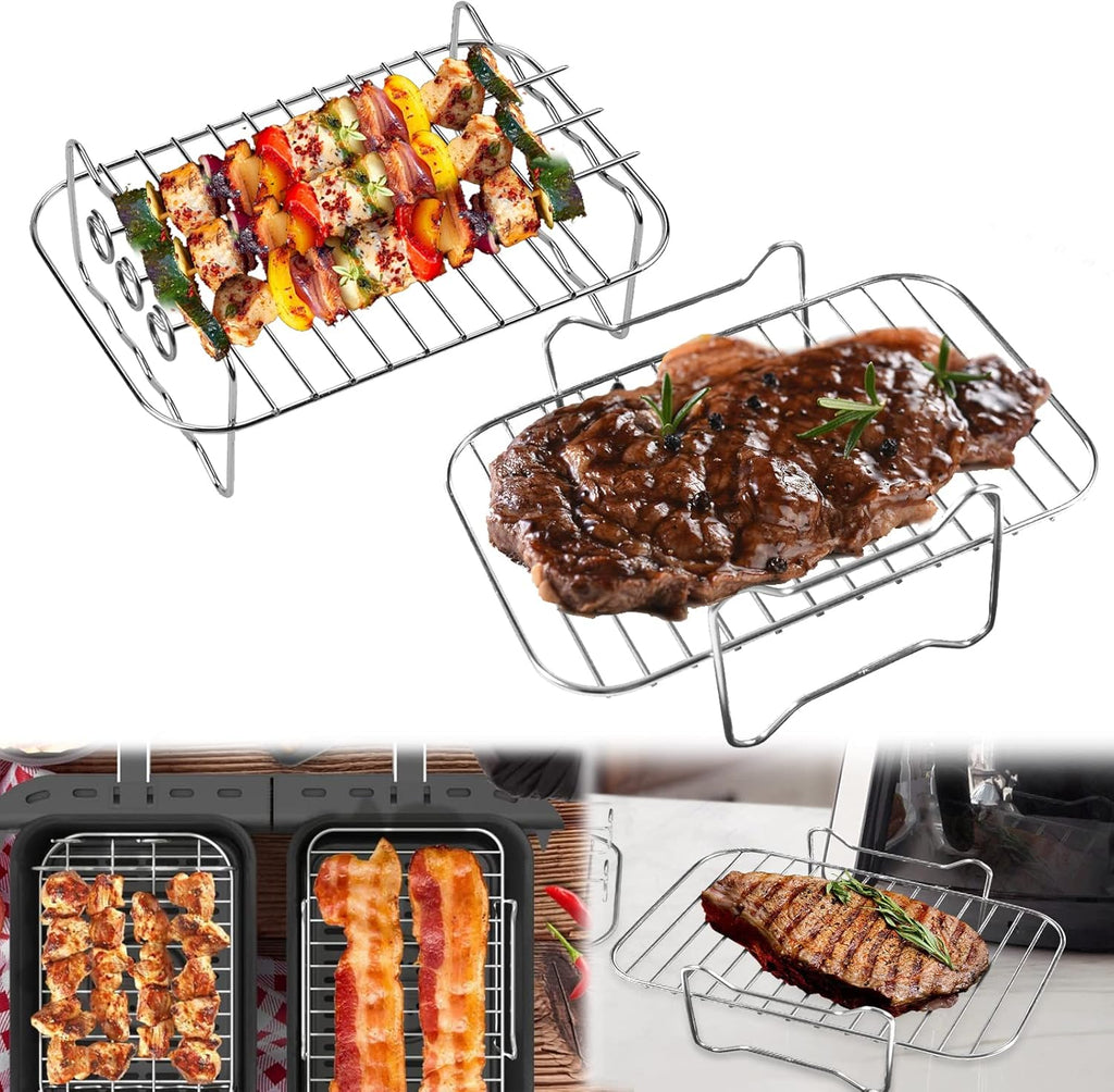 2 Pieces Air Fryer Rack Compatible with Ninja Foodi [AF400EU]/[AF300EU], Air Fryer Rack Set with Skewer, Air Fryer Accessories