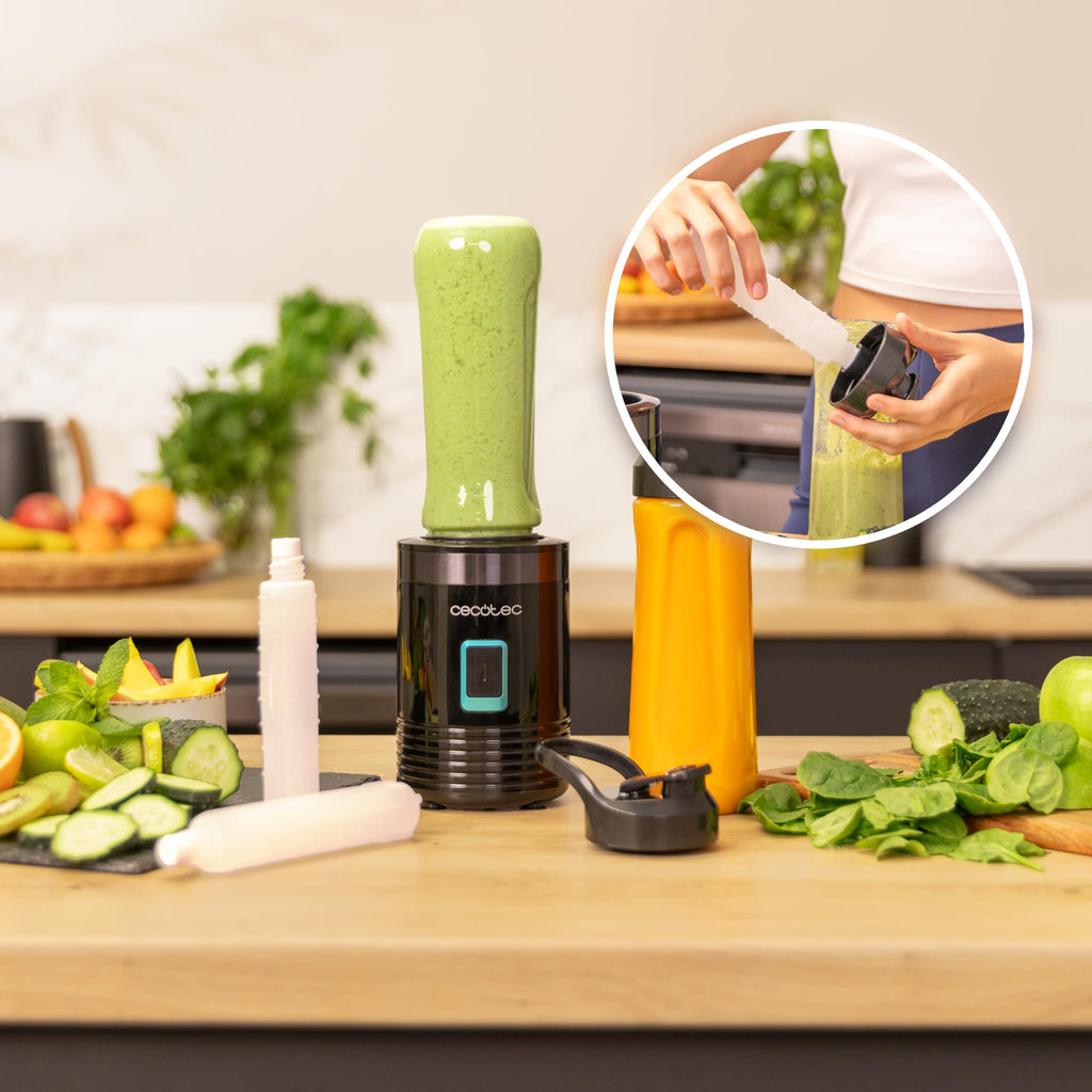 Cecotec EasyGo Power Titanium 350 350 W Portable Single Cup Blender, Ice Pick, 4 Blades Titanium Coated Black Blades, Includes 2 Cooling Tubes, 2 Portable Cups and 2 Lids