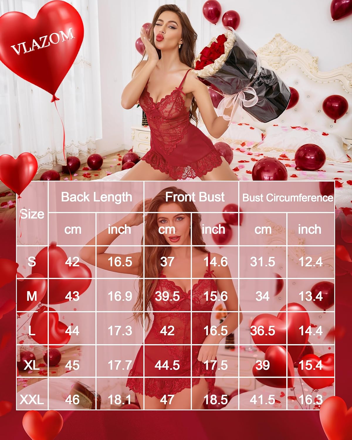 Vlazom Women's Lingerie Sexy Lace Babydoll V Neck Chemise Nightgown with G-String