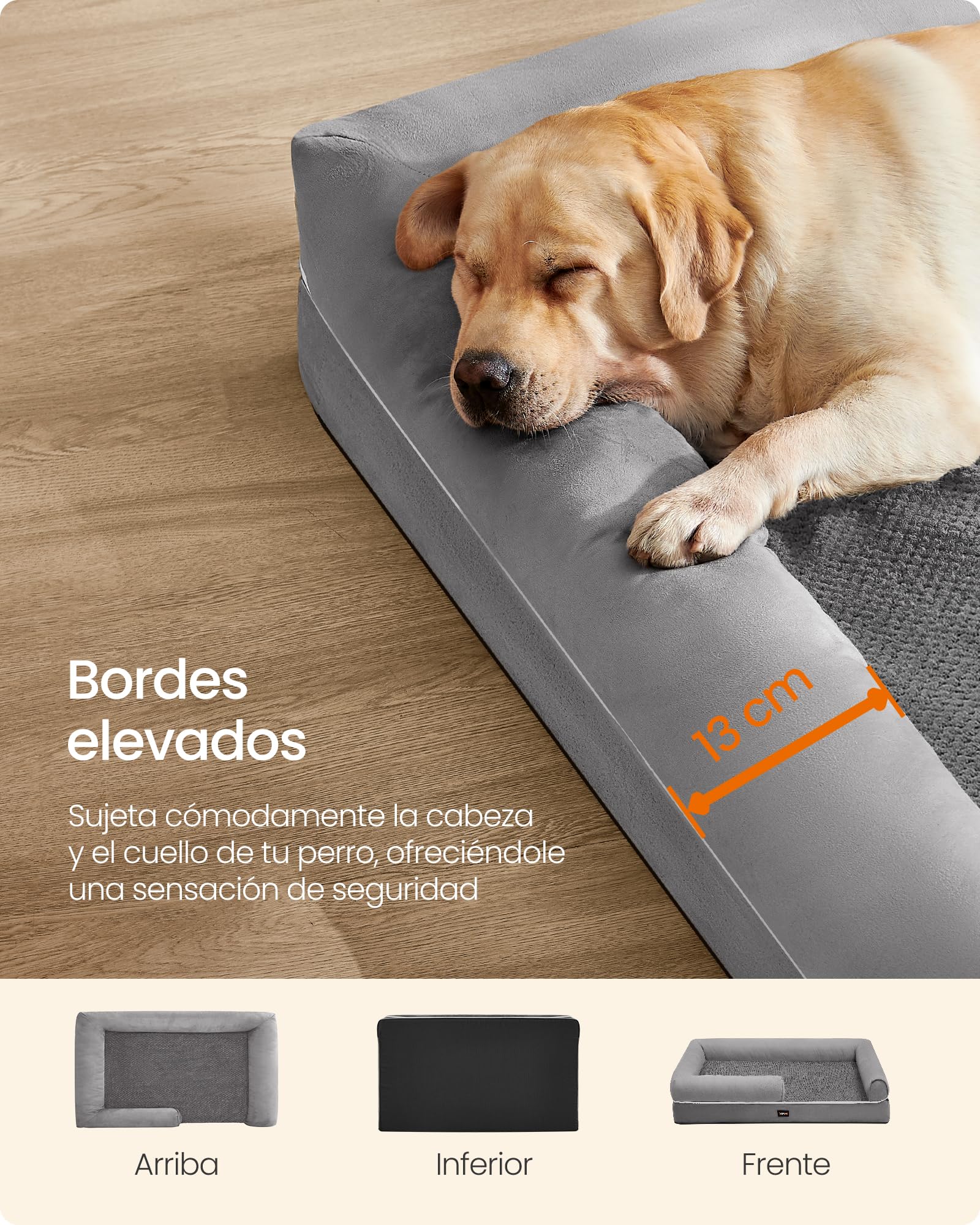 Feandrea Orthopedic Dog Bed, Sofa, Pet Bed, Soft Padding, Raised Edges, Removable and Washable Cover, 122 x 85 x 20 cm, Non-Slip, Osucro Grey PGW078G01