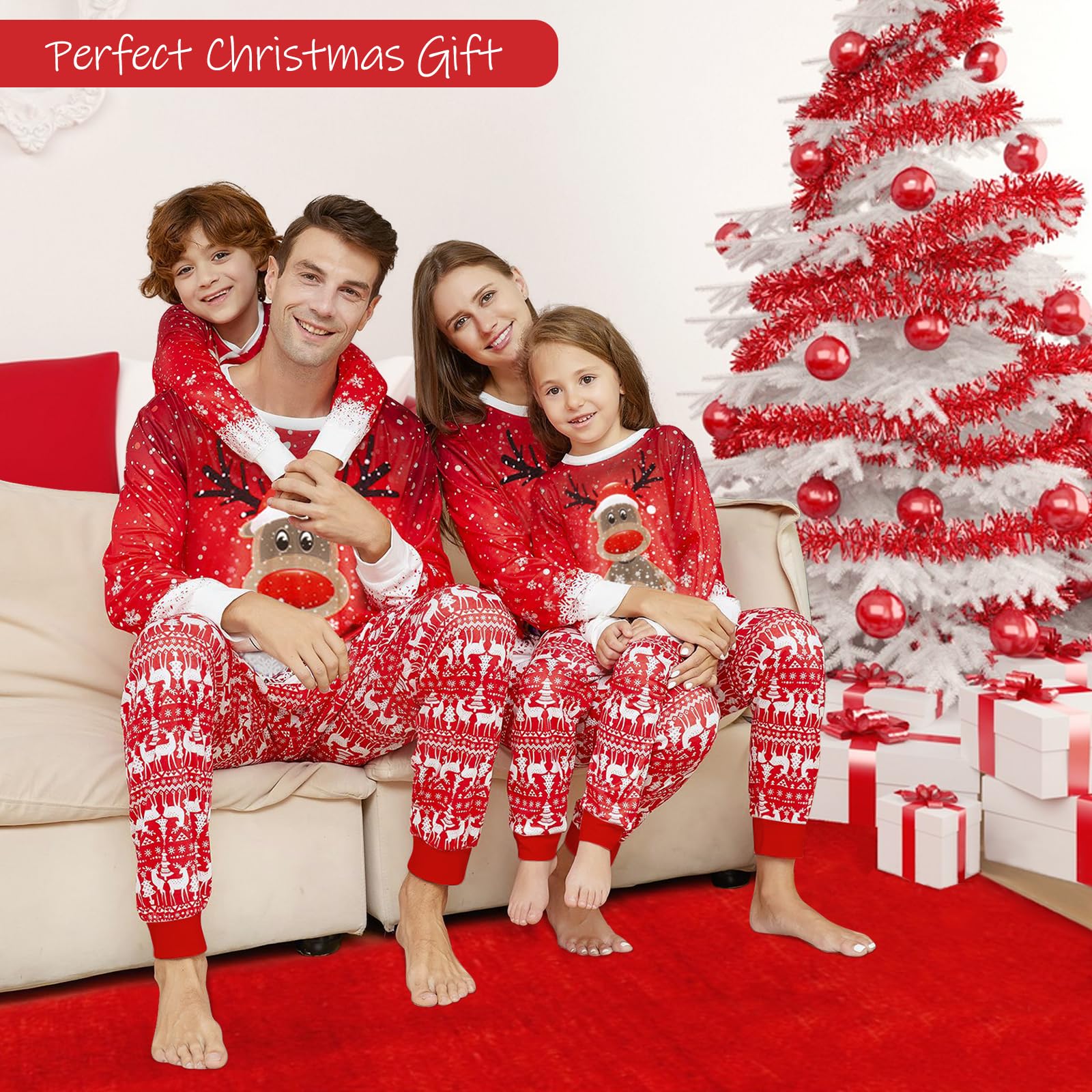 Christmas Family Pajamas, Christmas Family Pajamas Set, Long Sleepwear, Sleeping Sleeves, Cute Elk Print, Suitable for Women, Men, Kids and Baby, Red