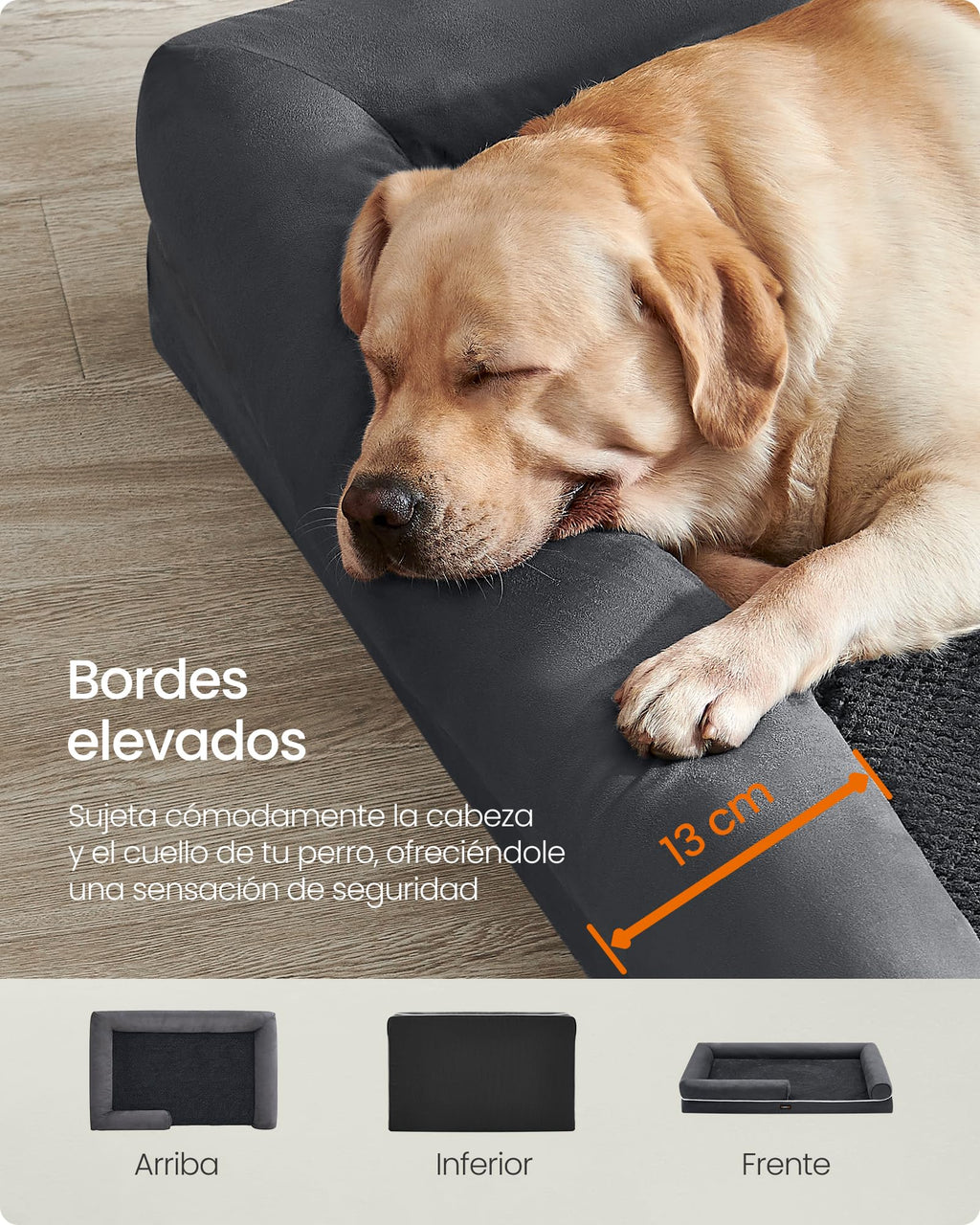 Feandrea Orthopedic Dog Bed, Sofa, Pet Bed, Soft Padding, Raised Edges, Removable and Washable Cover, 122 x 85 x 20 cm, Non-Slip, Osucro Grey PGW078G01