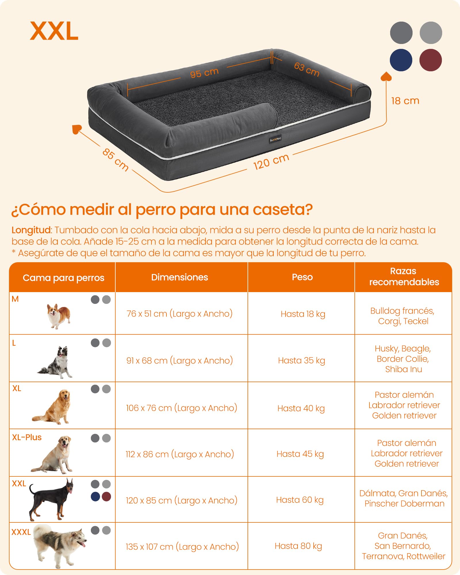 Feandrea Orthopedic Dog Bed, Sofa, Pet Bed, Soft Padding, Raised Edges, Removable and Washable Cover, 122 x 85 x 20 cm, Non-Slip, Osucro Grey PGW078G01