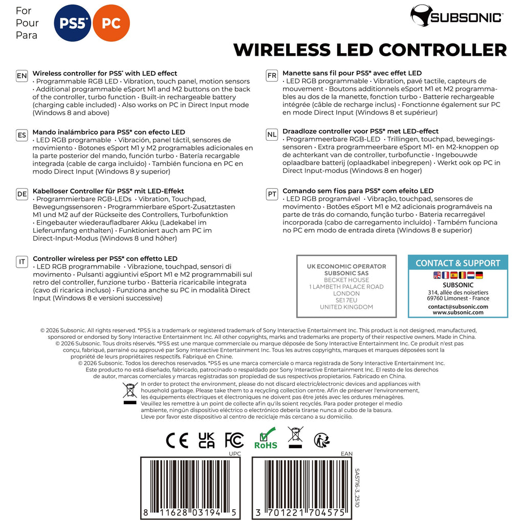 Subsonic - Mando inalámbrico para PS5 con paletas y LED programables, vibración y función táctil - Mando PS5 blanco