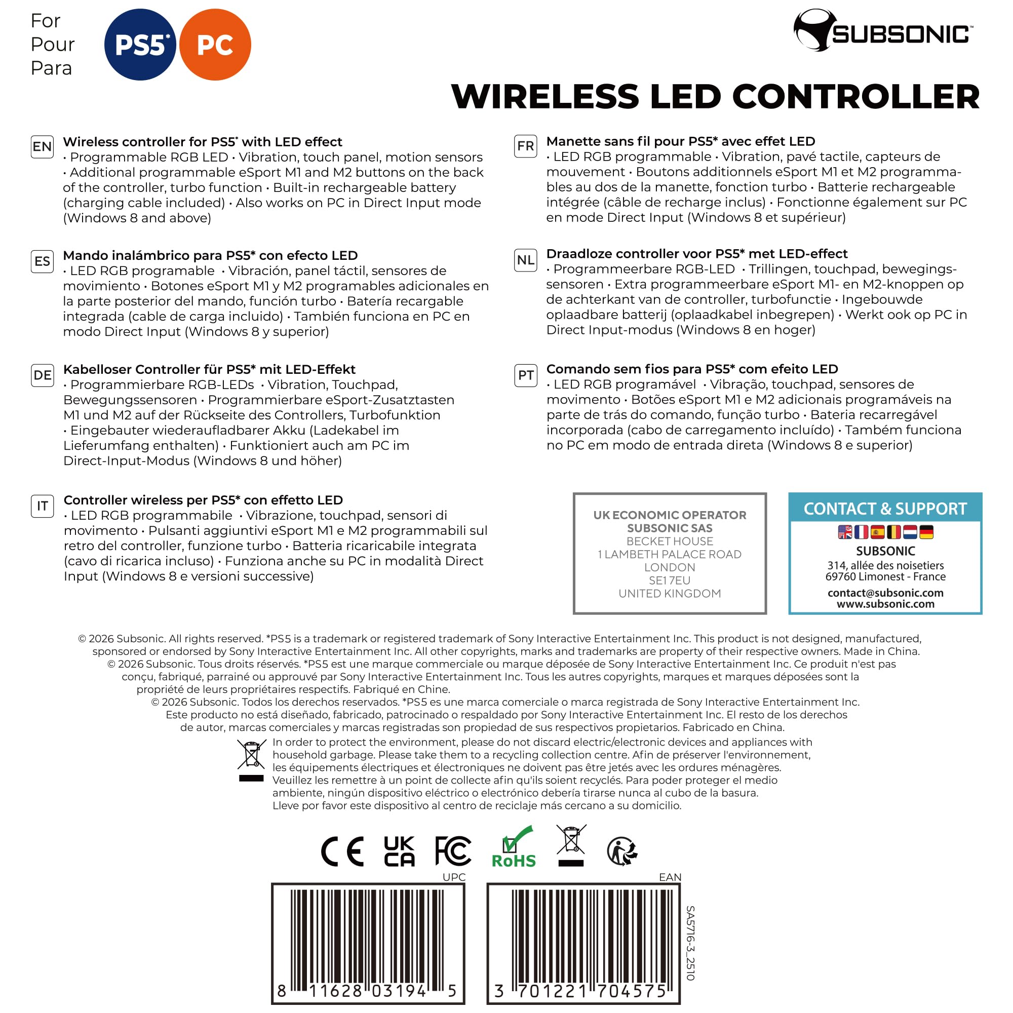 Subsonic - Mando inalámbrico para PS5 con paletas y LED programables, vibración y función táctil - Mando PS5 blanco
